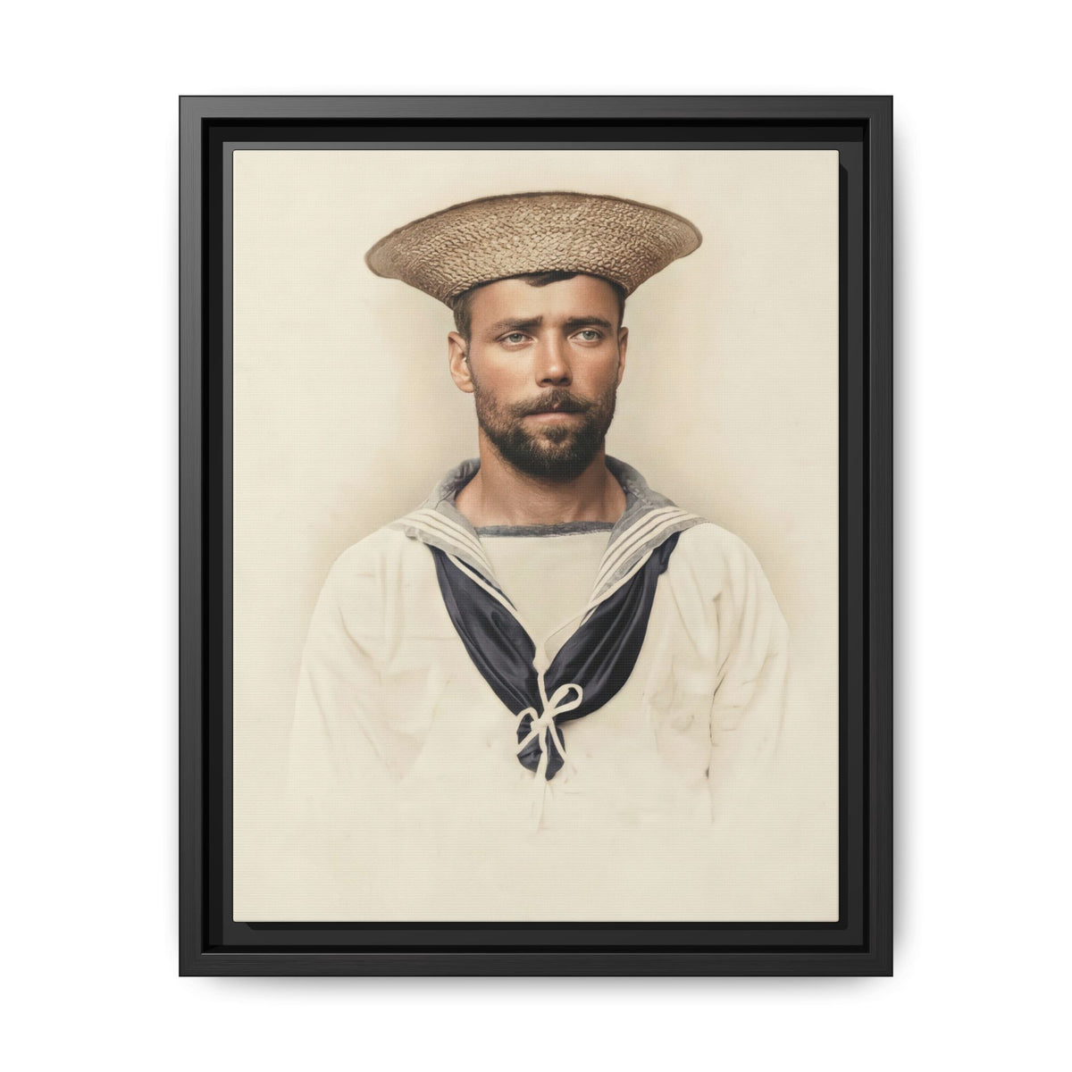 Restored vintage portrait of a bearded man in white sailor clothing and a broad woven straw hat against a pale background.