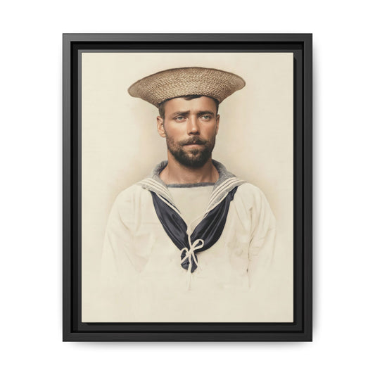 Restored vintage portrait of a bearded man in white sailor clothing and a broad woven straw hat against a pale background.