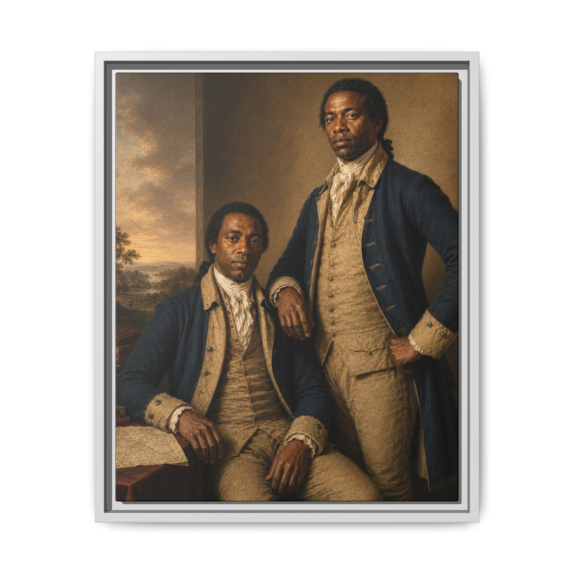 Framed matte canvas featuring two Black Revolutionary War soldiers from the Companions of Liberty Collection.