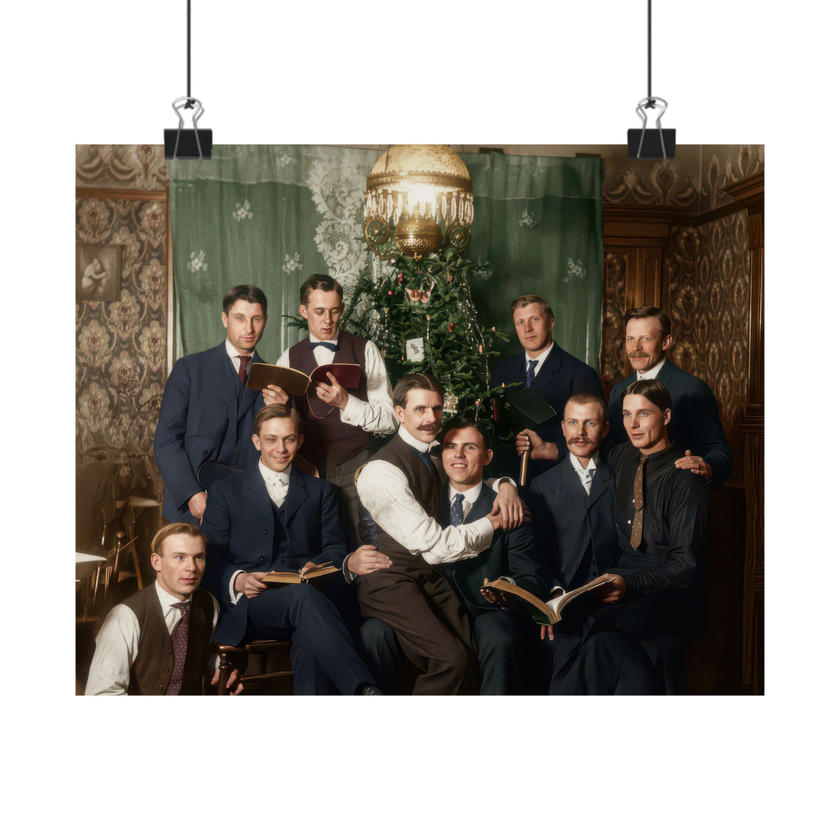Hommes 001 | Nine Men with Books Beside a Christmas Tree | Vintage Photography Poster