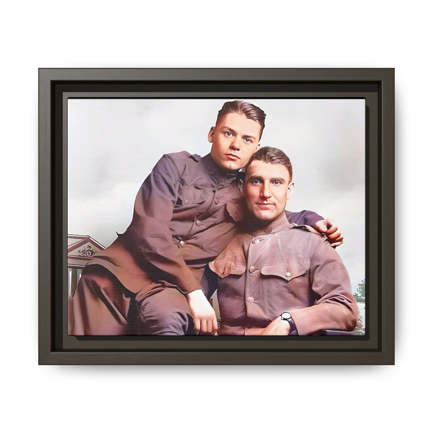 A restored WWII-era portrait of Charlie & Gordon at Debach Airfield, UK. This framed matte canvas captures military camaraderie, resilience, and historical connection, making it a timeless tribute for vintage and aviation collectors. Gay Couple