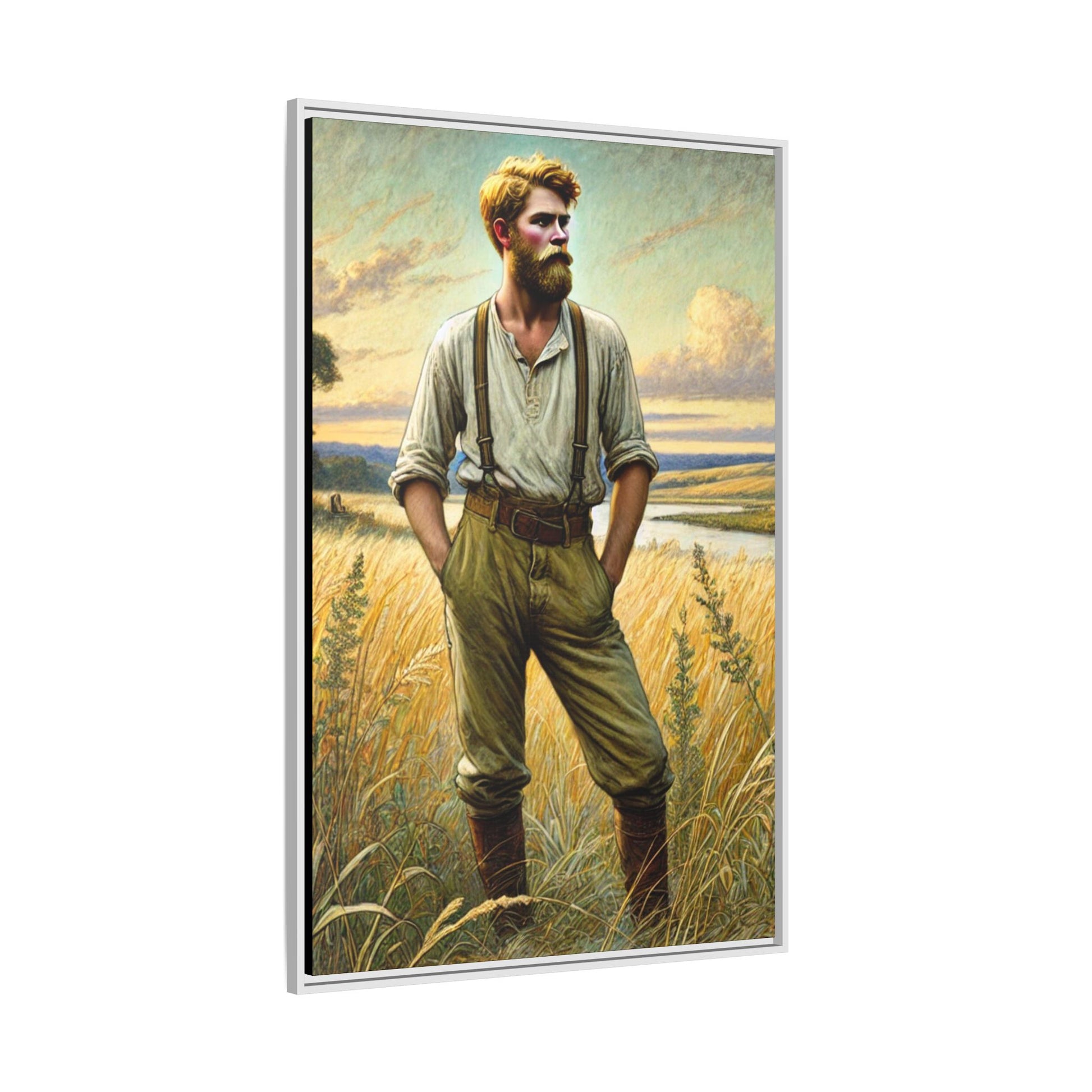 Framed artwork of a confident farmer in 19th-century attire, standing in a golden wheat field, inspired by Walt Whitman’s Song of Myself in Leaves of Grass.