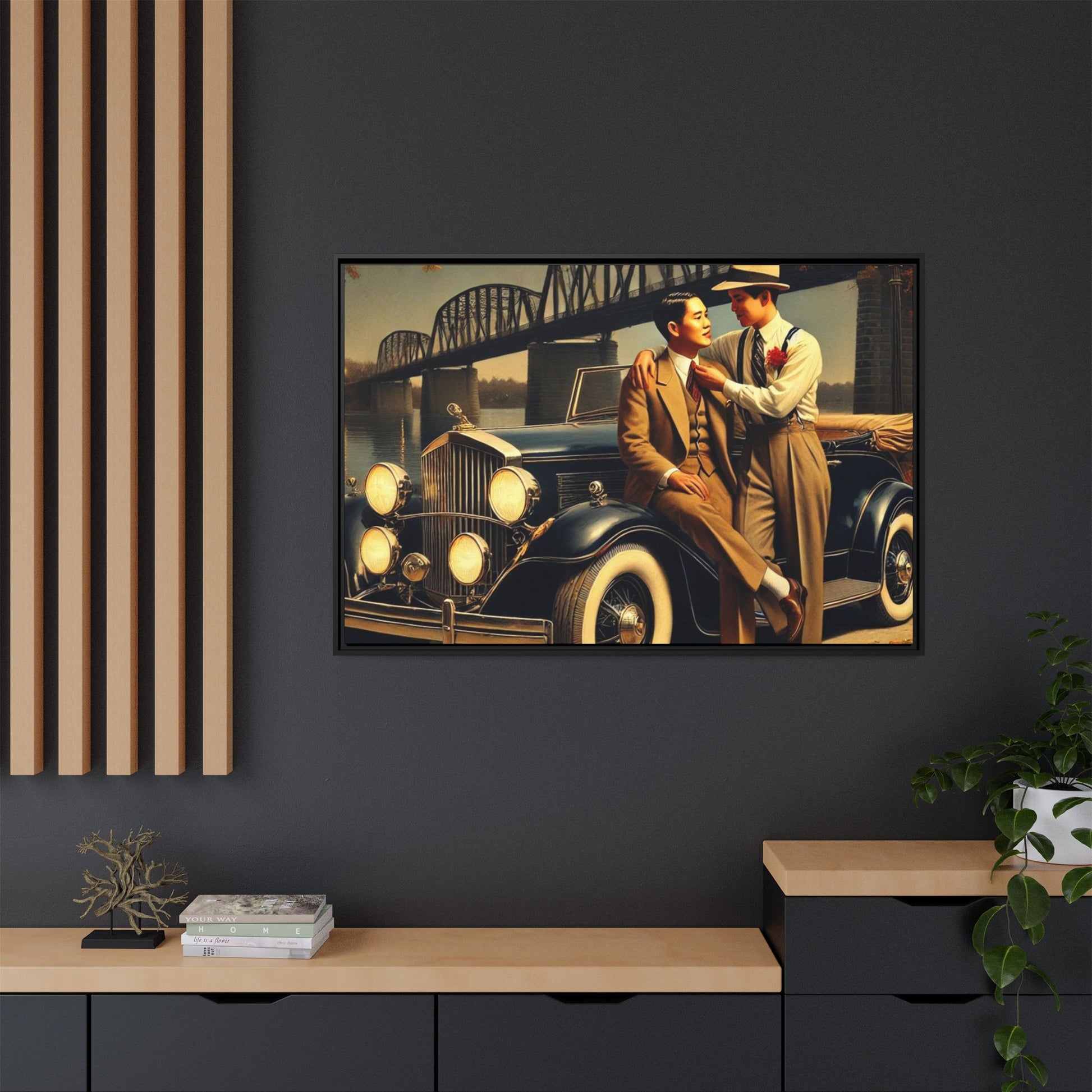 Exquisite vintage-style artwork of a gay Asian-American couple from the 1930s with a 1930 Packard car, celebrating love and inclusivity along the Mississippi River.