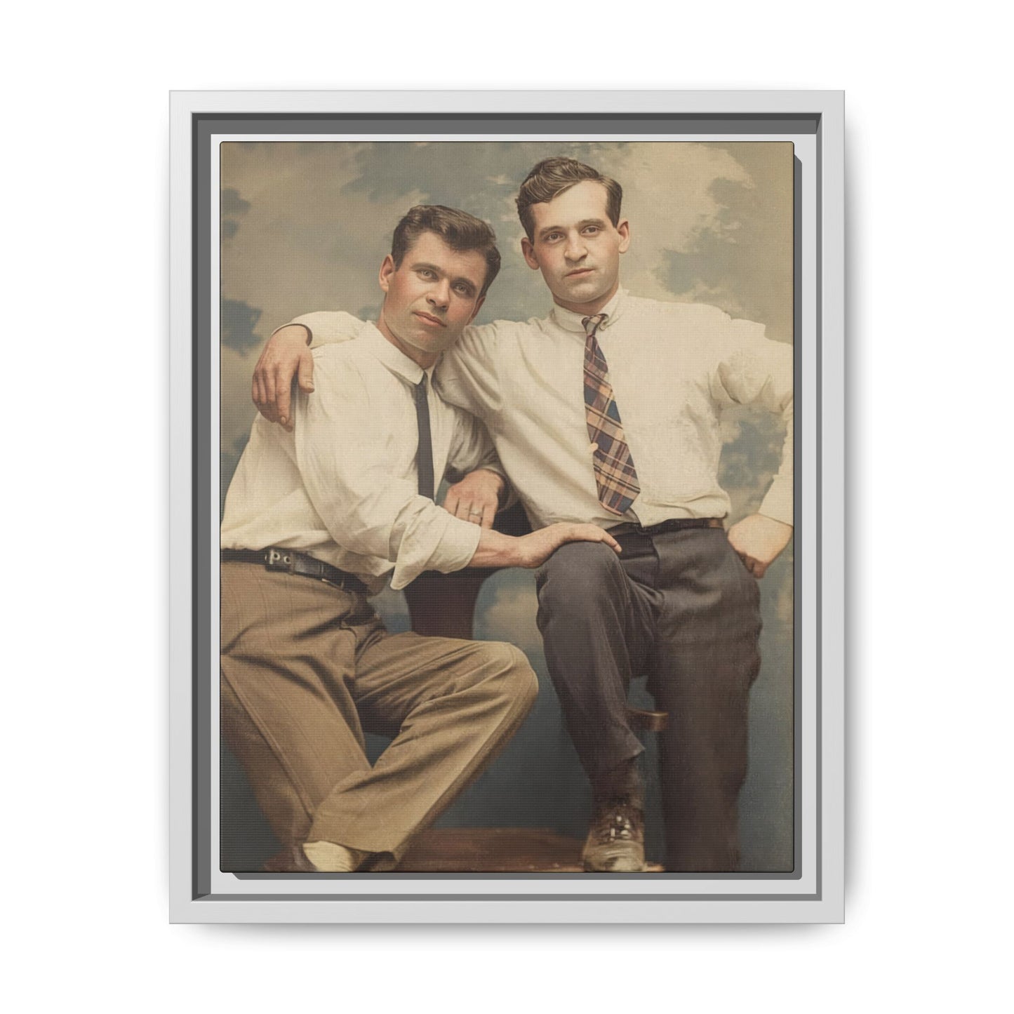 Museum-style archival photo reproduction of a mid-century double portrait with soft blue background