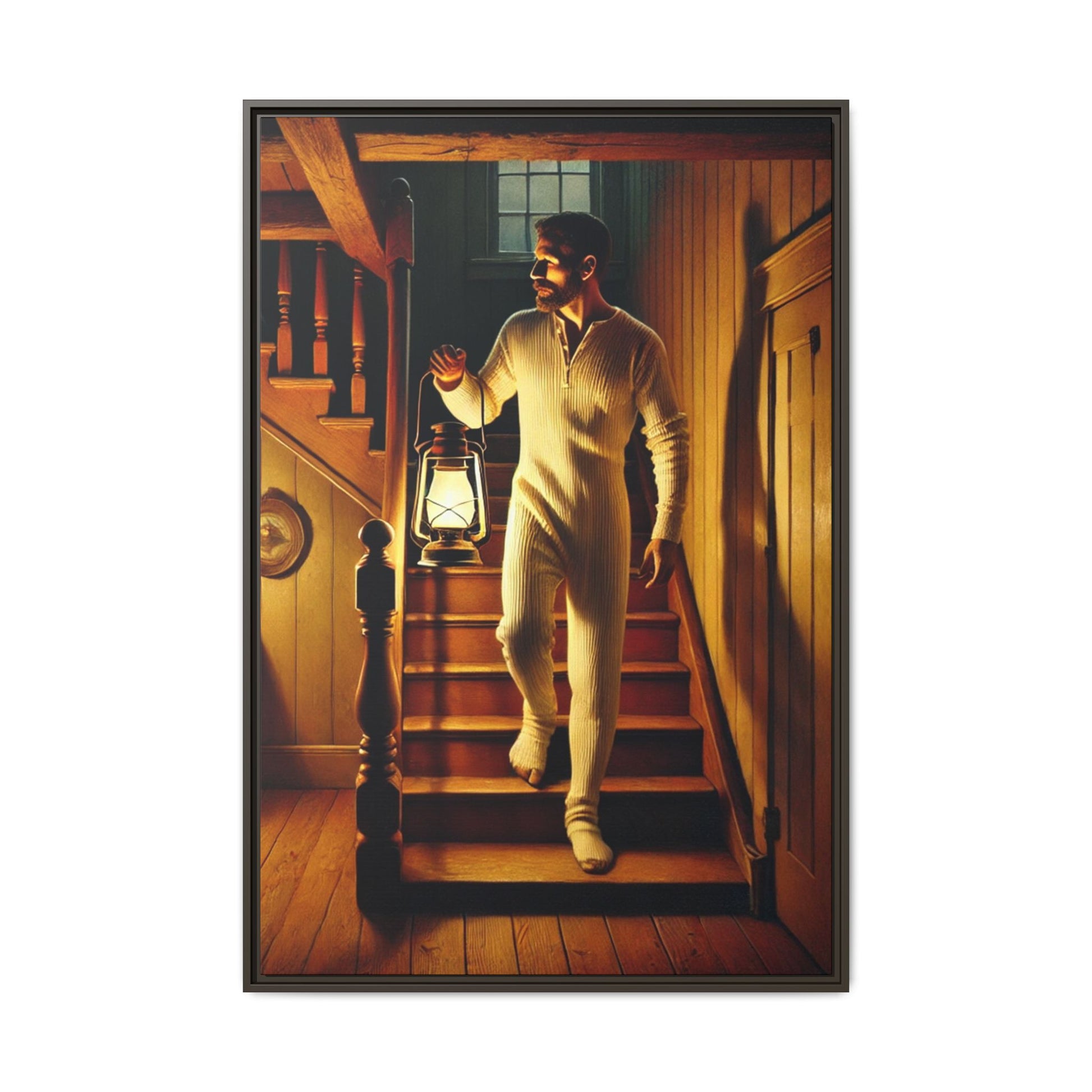 Atmospheric artwork of a man descending wooden stairs with a lantern, inspired by Grant Wood’s rural themes.