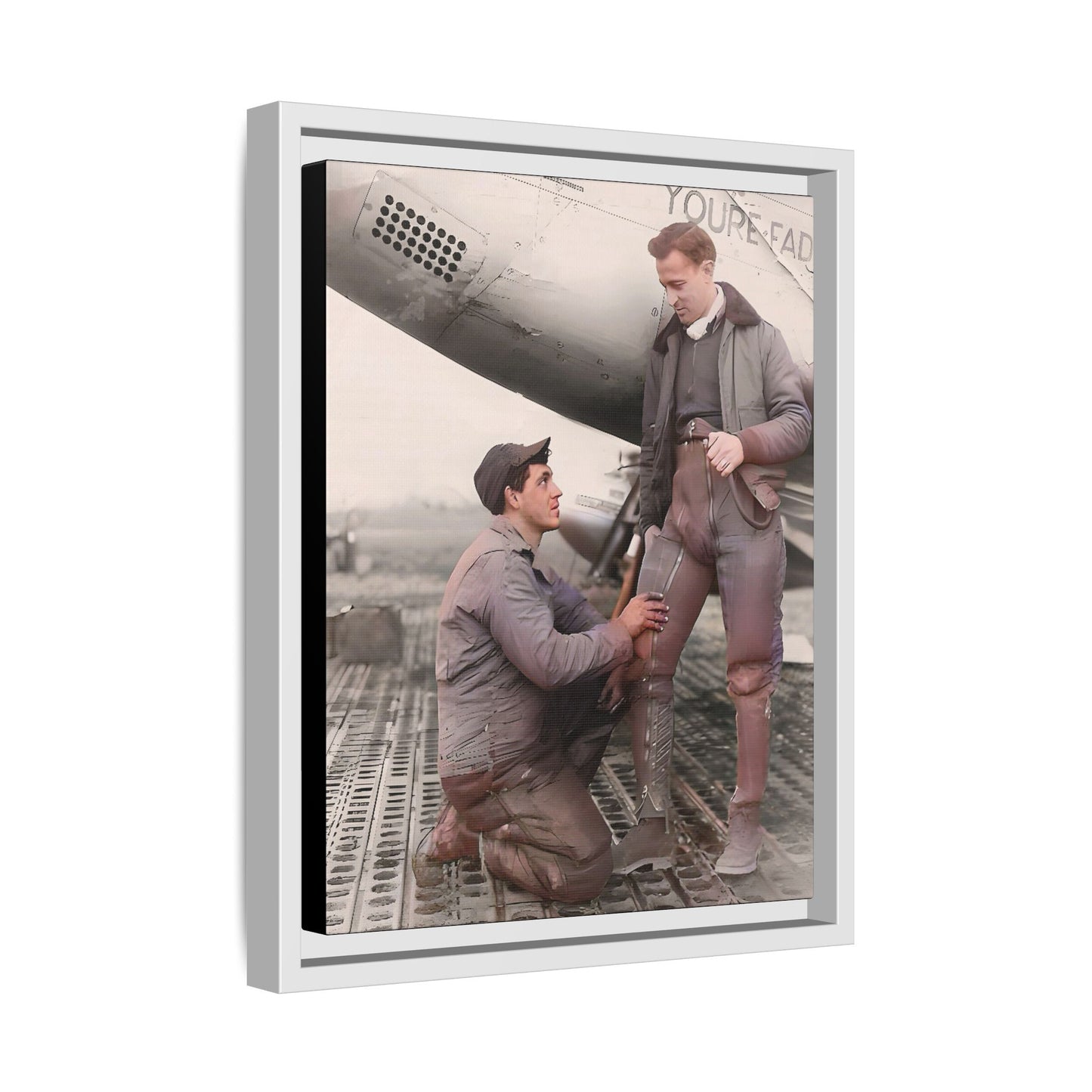 Restored vintage photo of Frank & Albert, a WWII pilot and mechanic on the USS Hornet, framed matte canvas art. US Airforce Gay Couple