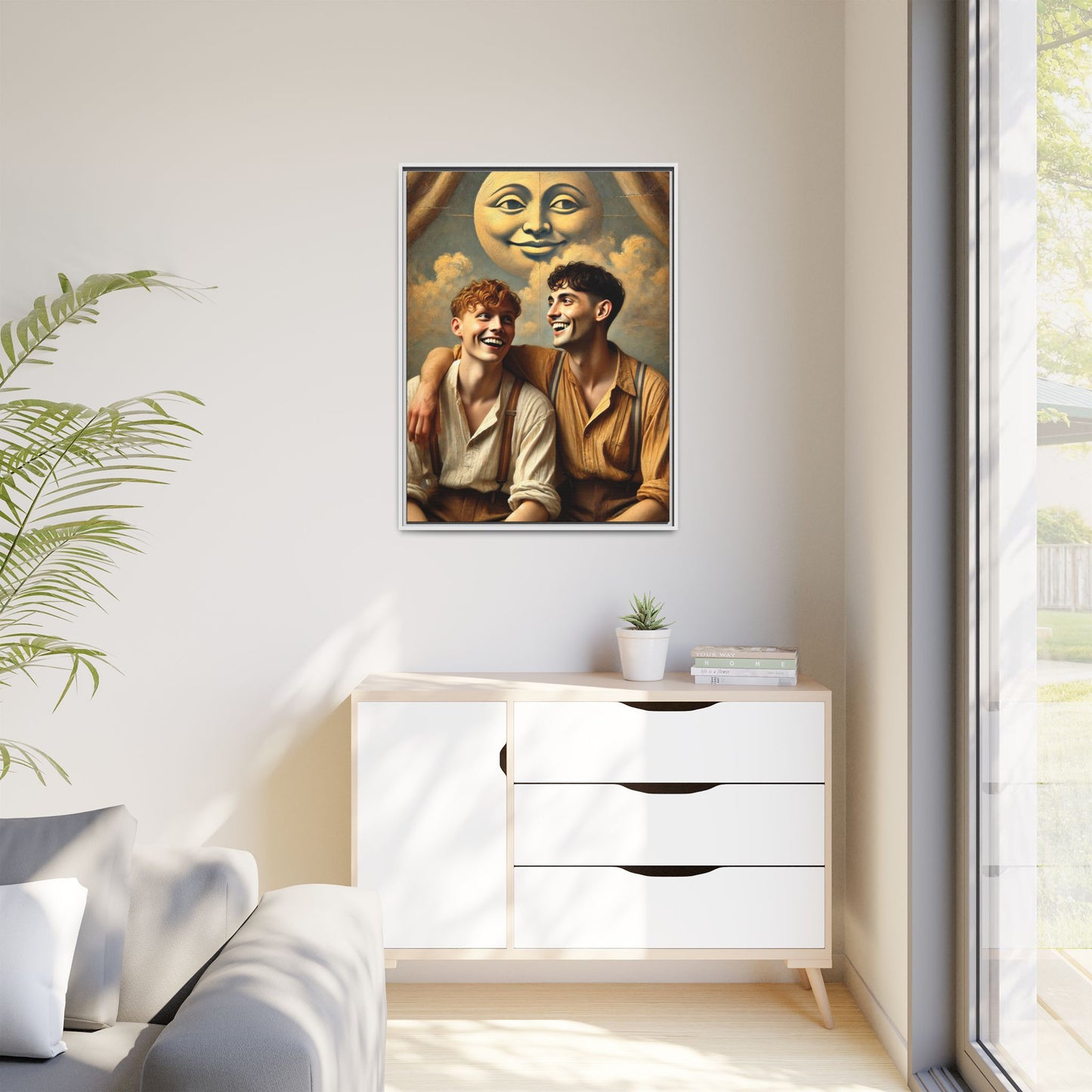 Queer artwork of two joyful young men dressed in vintage clothing with rolled sleeves and suspenders, laughing under a large moon prop in a dreamy studio scene. A celebration of love and resilience reclaimed from forgotten queer histories.