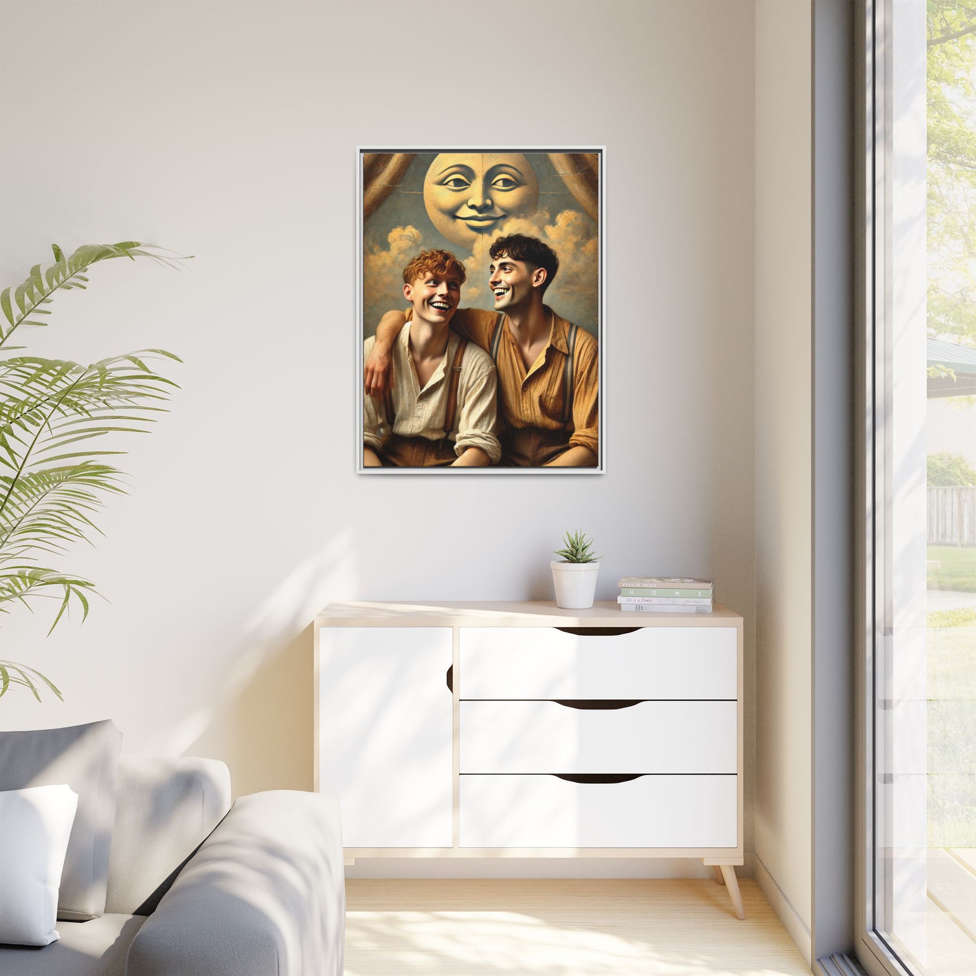 Queer artwork of two joyful young men dressed in vintage clothing with rolled sleeves and suspenders, laughing under a large moon prop in a dreamy studio scene. A celebration of love and resilience reclaimed from forgotten queer histories.