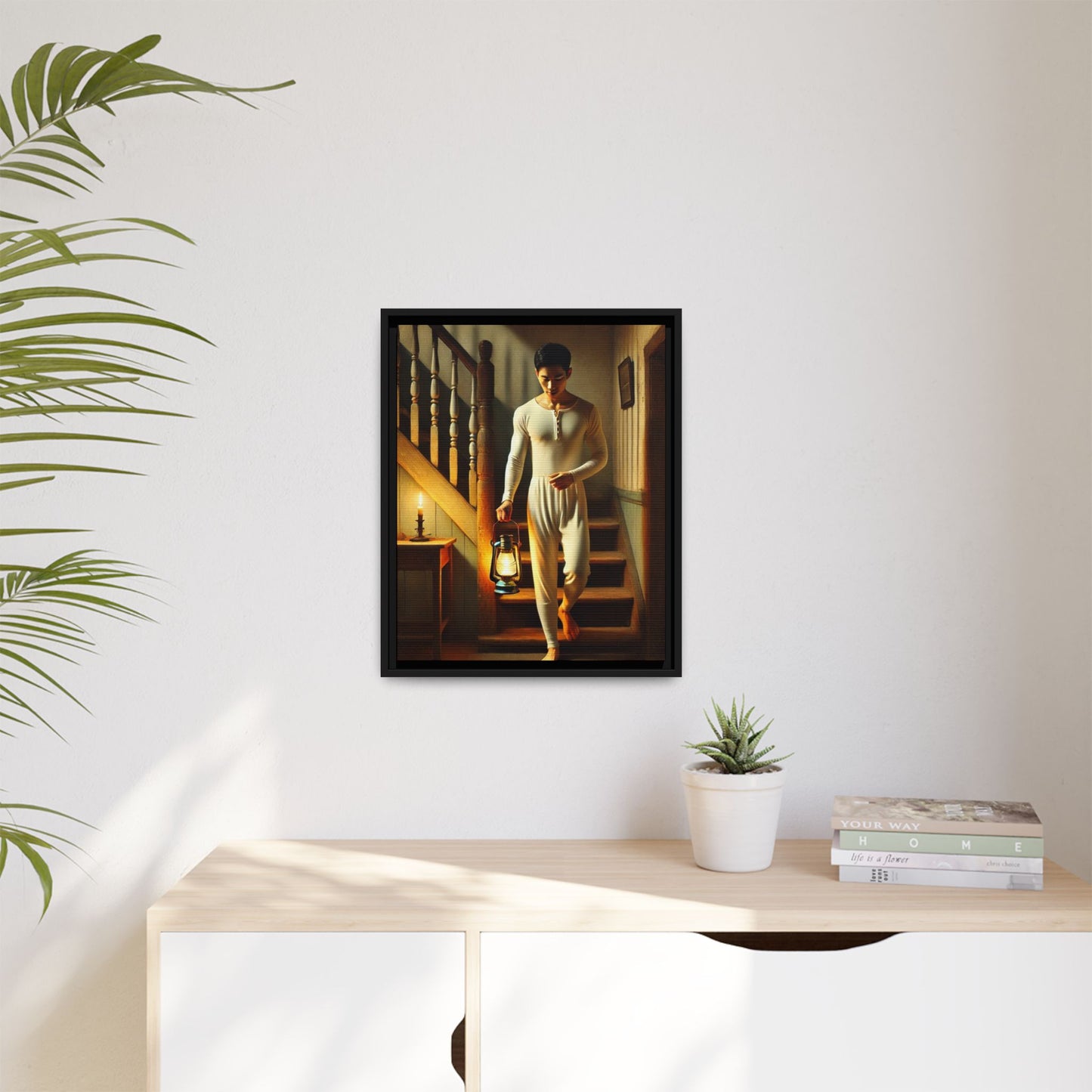 Framed artwork of an Asian-American man wearing long johns underwear holding a lantern on a staircase, inspired by Grant Wood’s style.