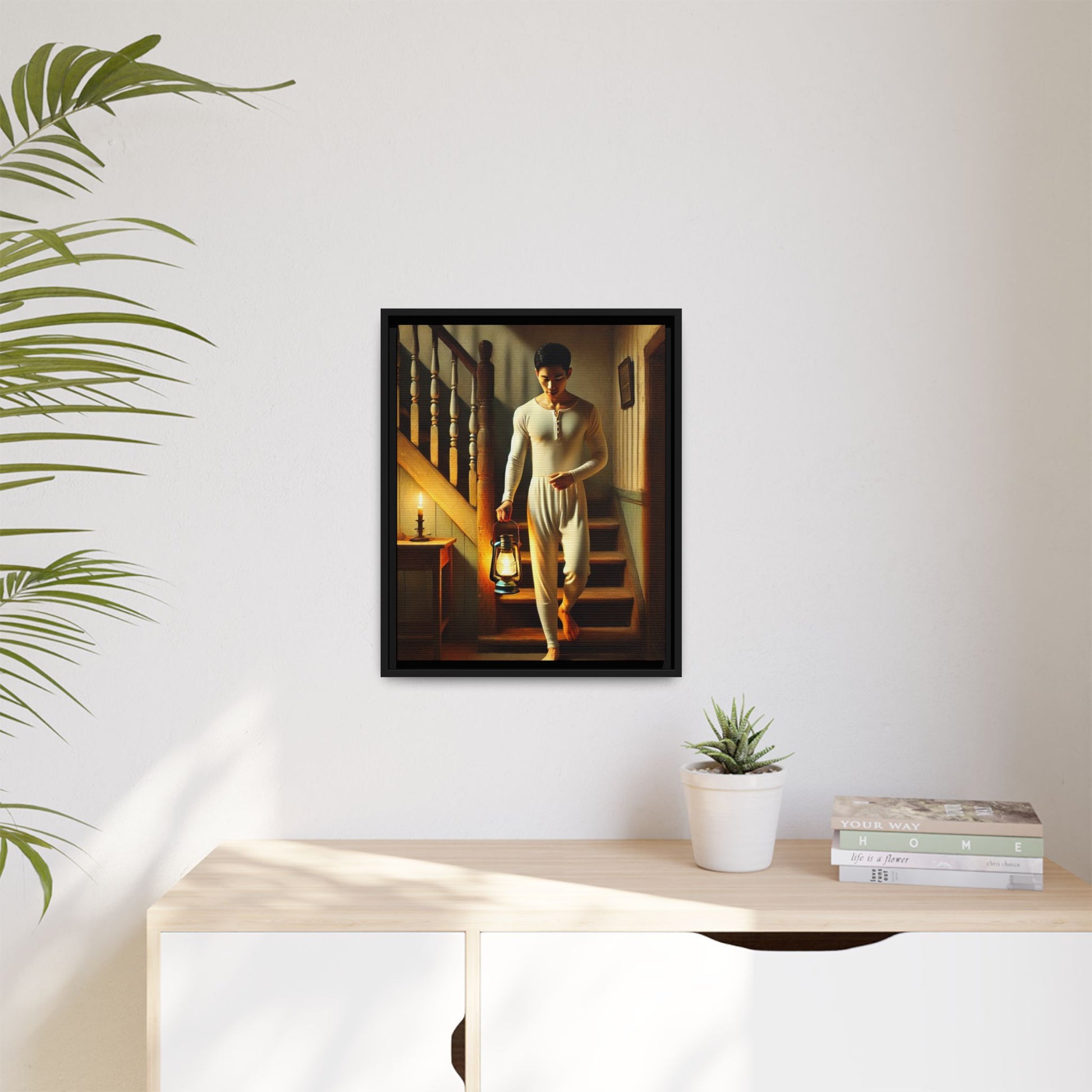 Framed artwork of an Asian-American man wearing long johns underwear holding a lantern on a staircase, inspired by Grant Wood’s style.