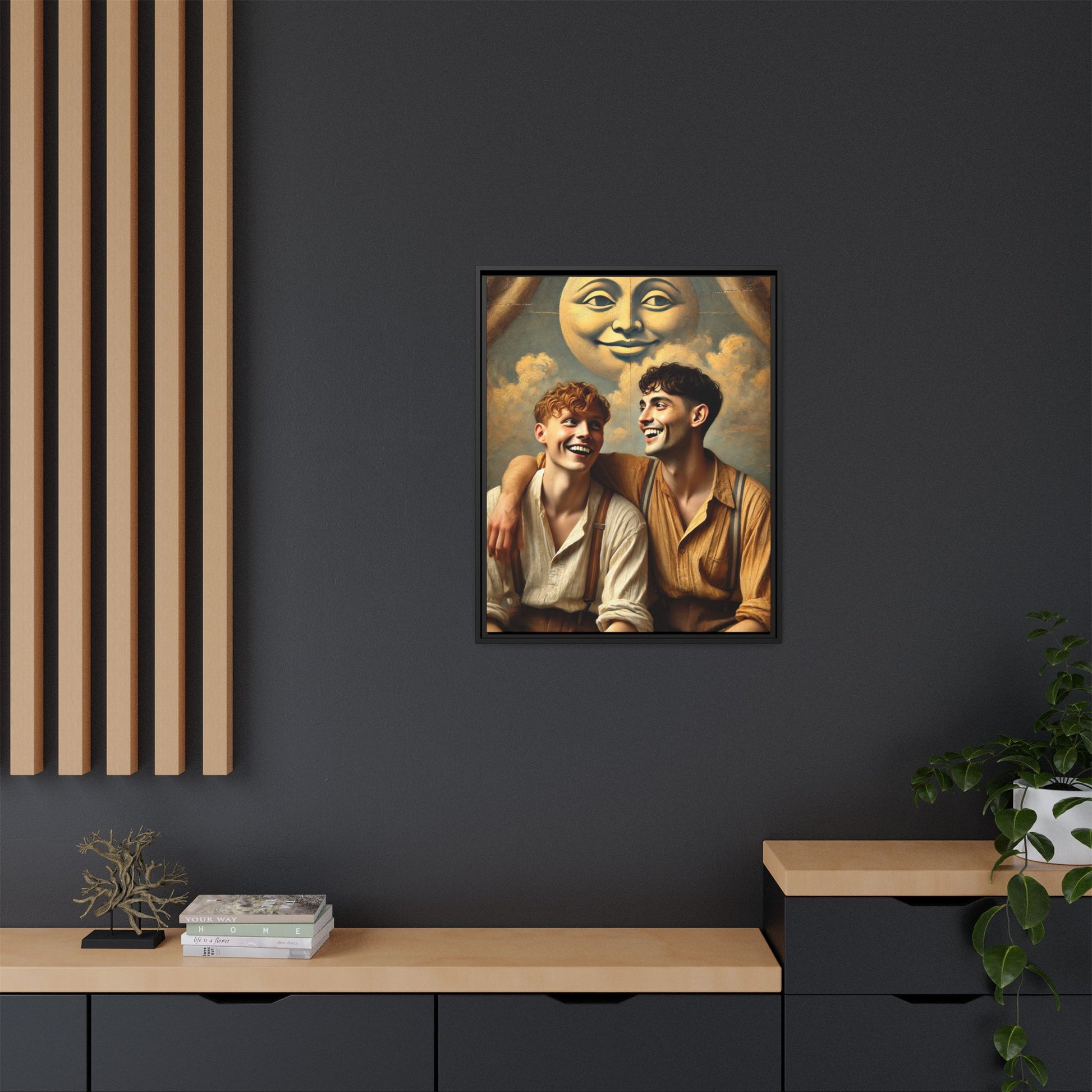 Queer artwork of two joyful young men dressed in vintage clothing with rolled sleeves and suspenders, laughing under a large moon prop in a dreamy studio scene. A celebration of love and resilience reclaimed from forgotten queer histories.