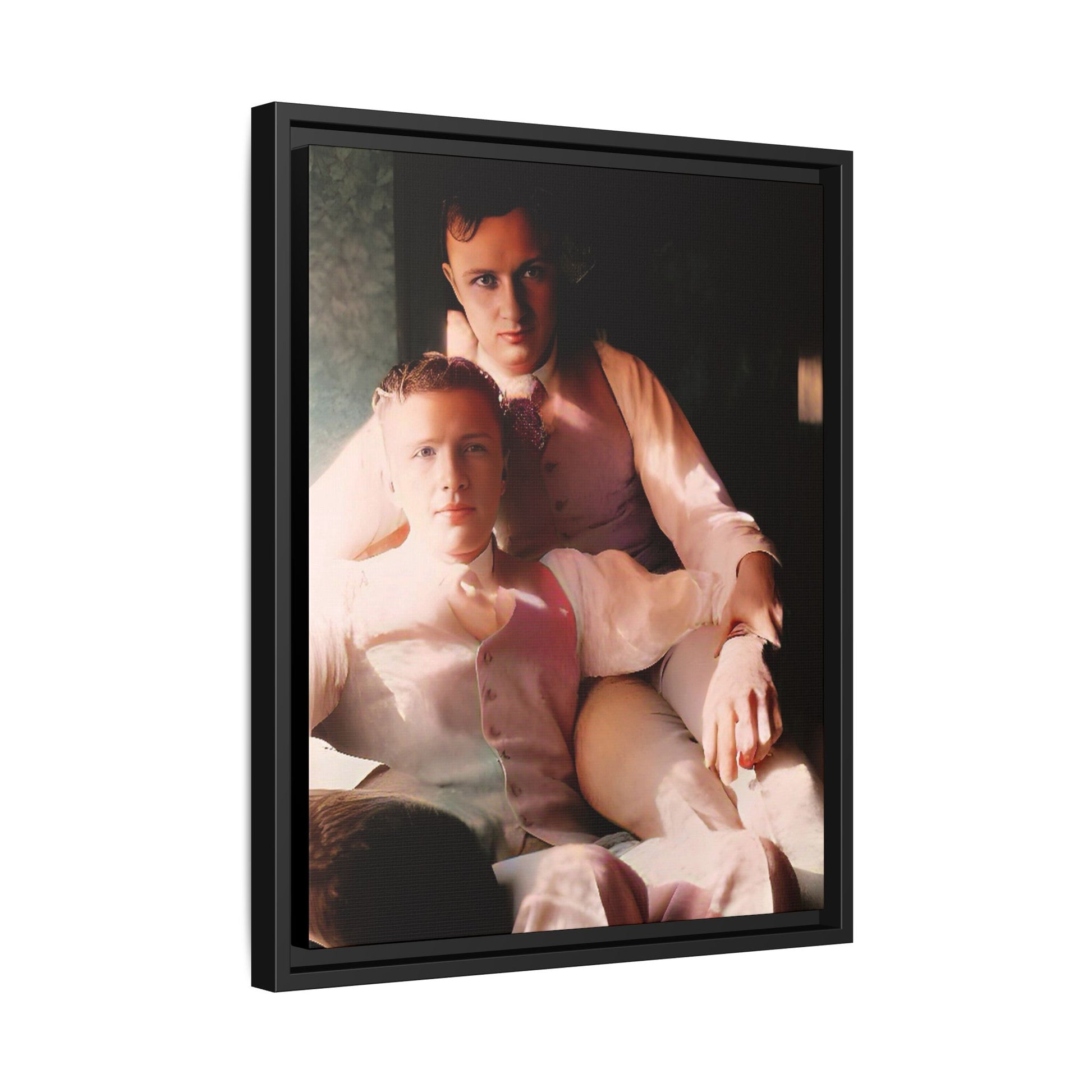 Restored vintage photograph of James and Henry, an early 1900s LGBTQ+ couple from Dayton, Ohio, sharing an intimate, sunlit moment. Framed matte canvas print celebrating love, devotion, and LGBTQ+ history.