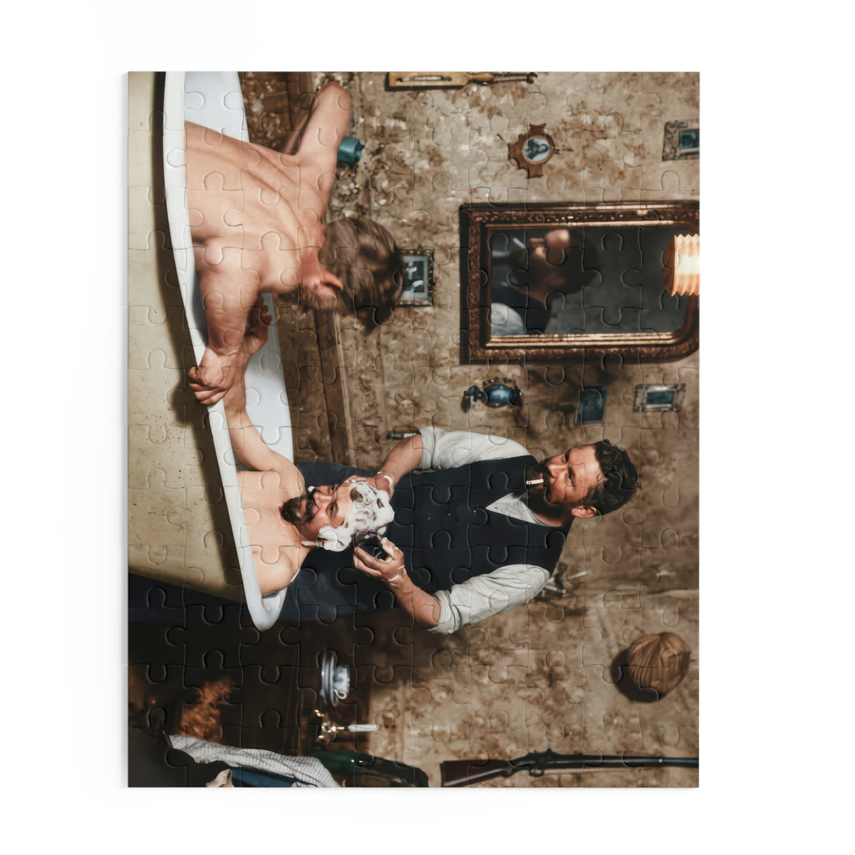 Partly assembled historical bathing photograph puzzle with a curved tub rim, mirror frame, small wall pictures, and lathered hair
