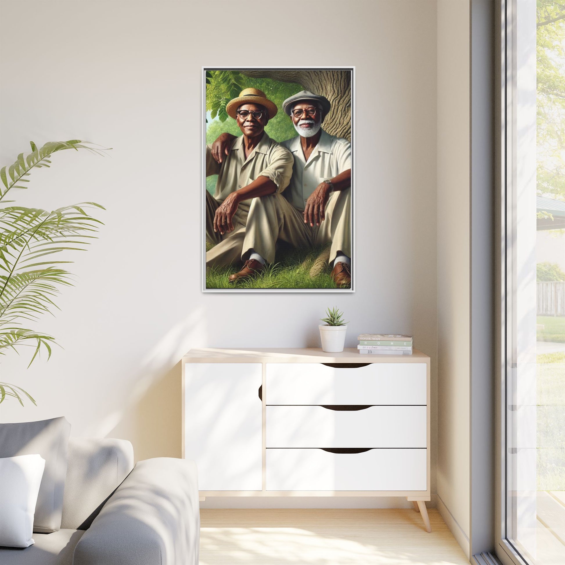 Framed artwork of a gay African-American couple in Cedar Rapids, Iowa, 1930s, celebrating love and resilience.