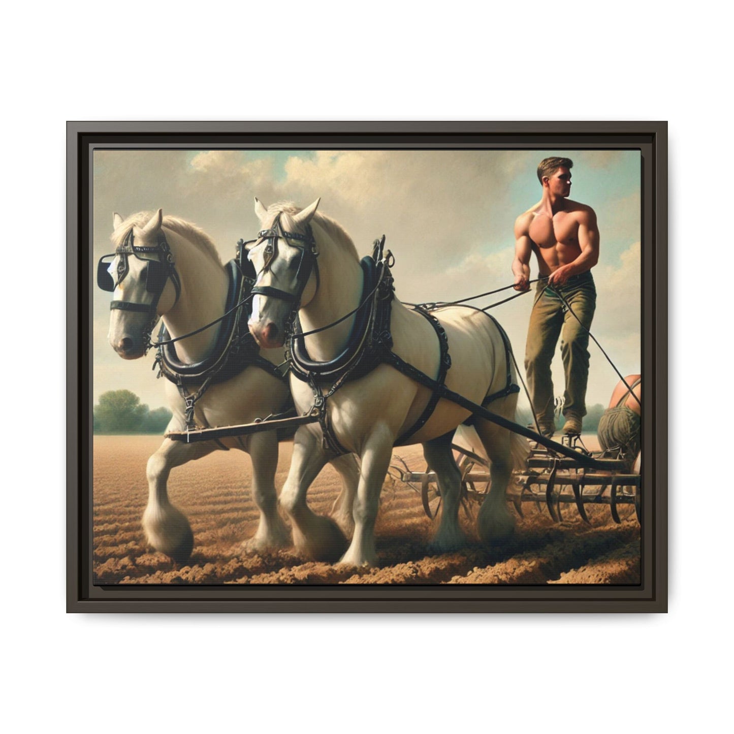 Vintage-style artwork of a shirtless man plowing a field with white horses, celebrating rural life and resilience.