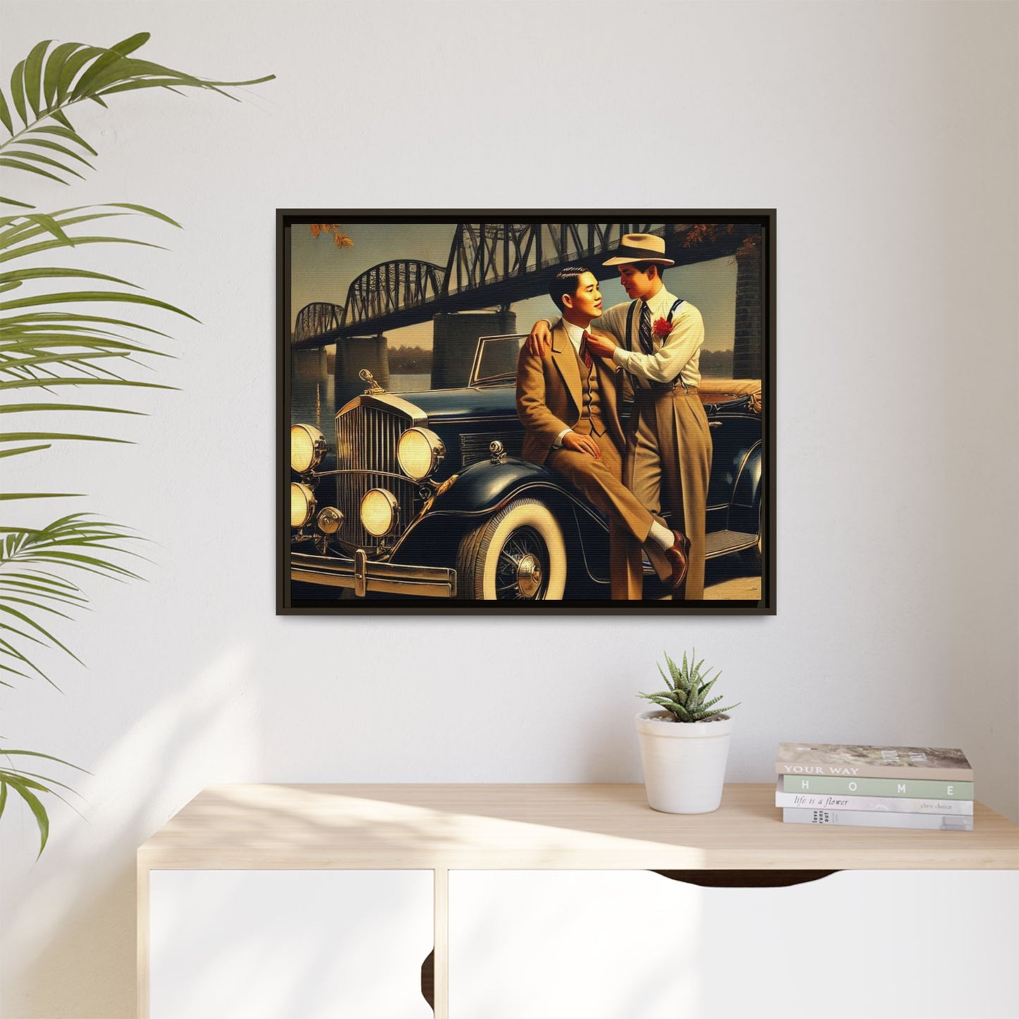 Exquisite vintage-style artwork of a gay Asian-American couple from the 1930s with a 1930 Packard car, celebrating love and inclusivity along the Mississippi River.