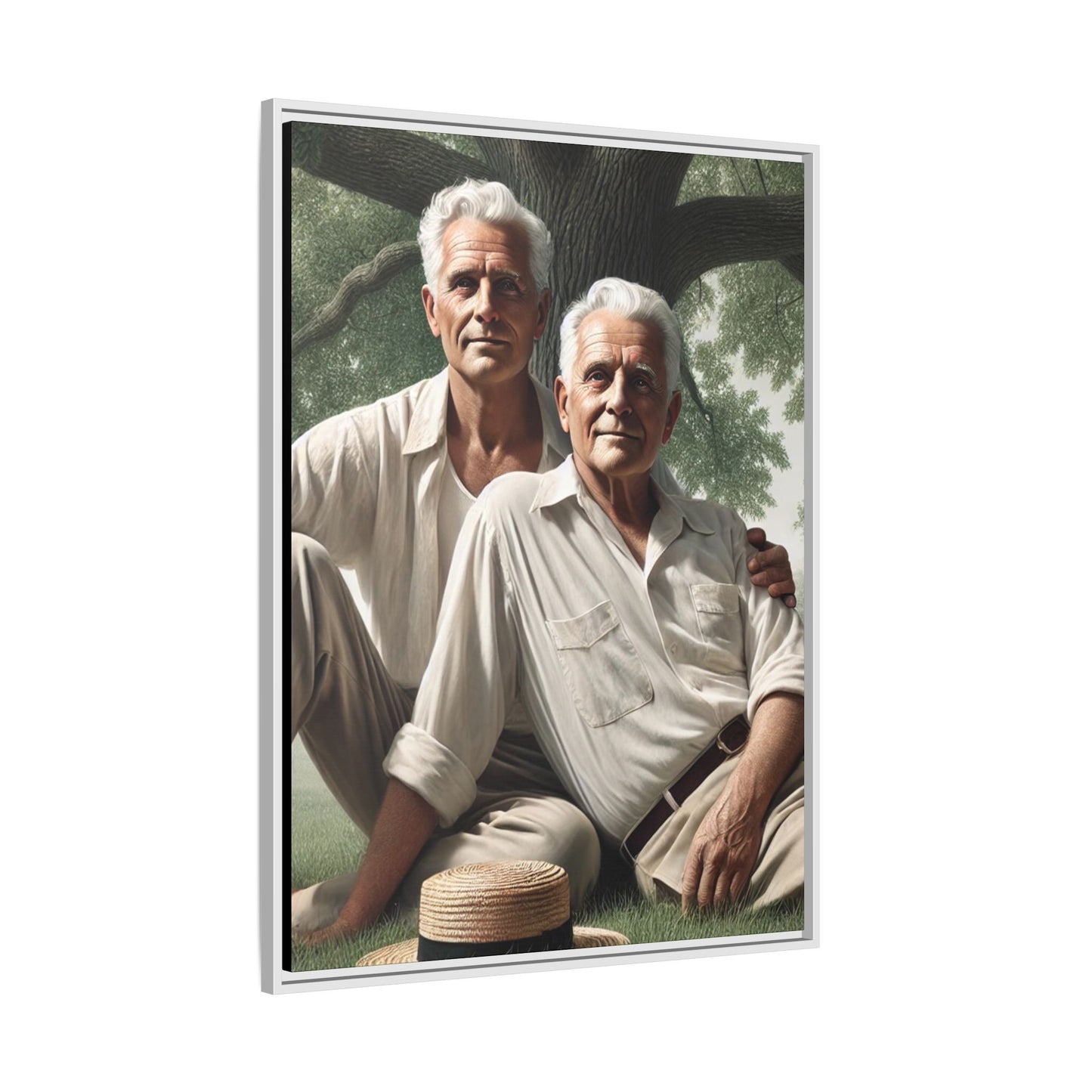 Hyper-realistic painting of an elderly gay couple in 1930s vintage attire under a leafy tree, celebrating love and resilience.