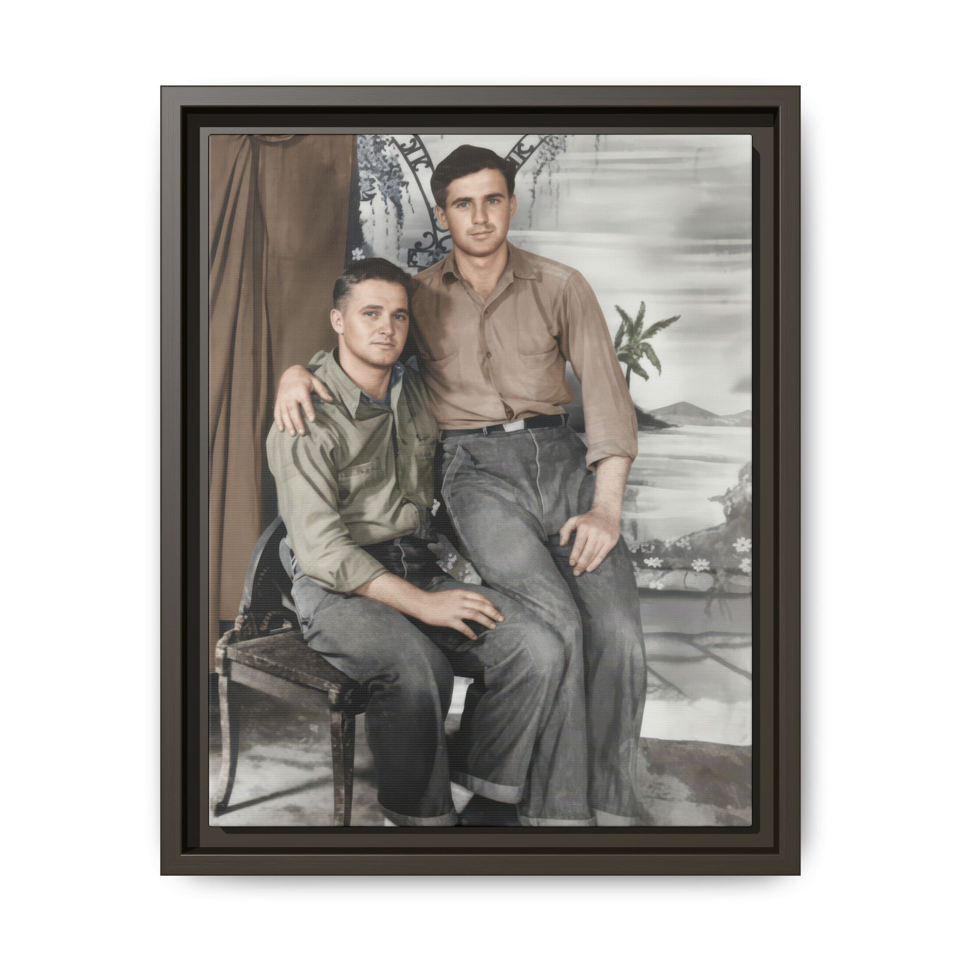 Historical companion portrait showing two casually dressed figures with an arm across the shoulder in a studio setting