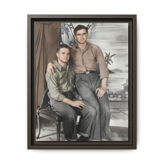 Historical companion portrait showing two casually dressed figures with an arm across the shoulder in a studio setting