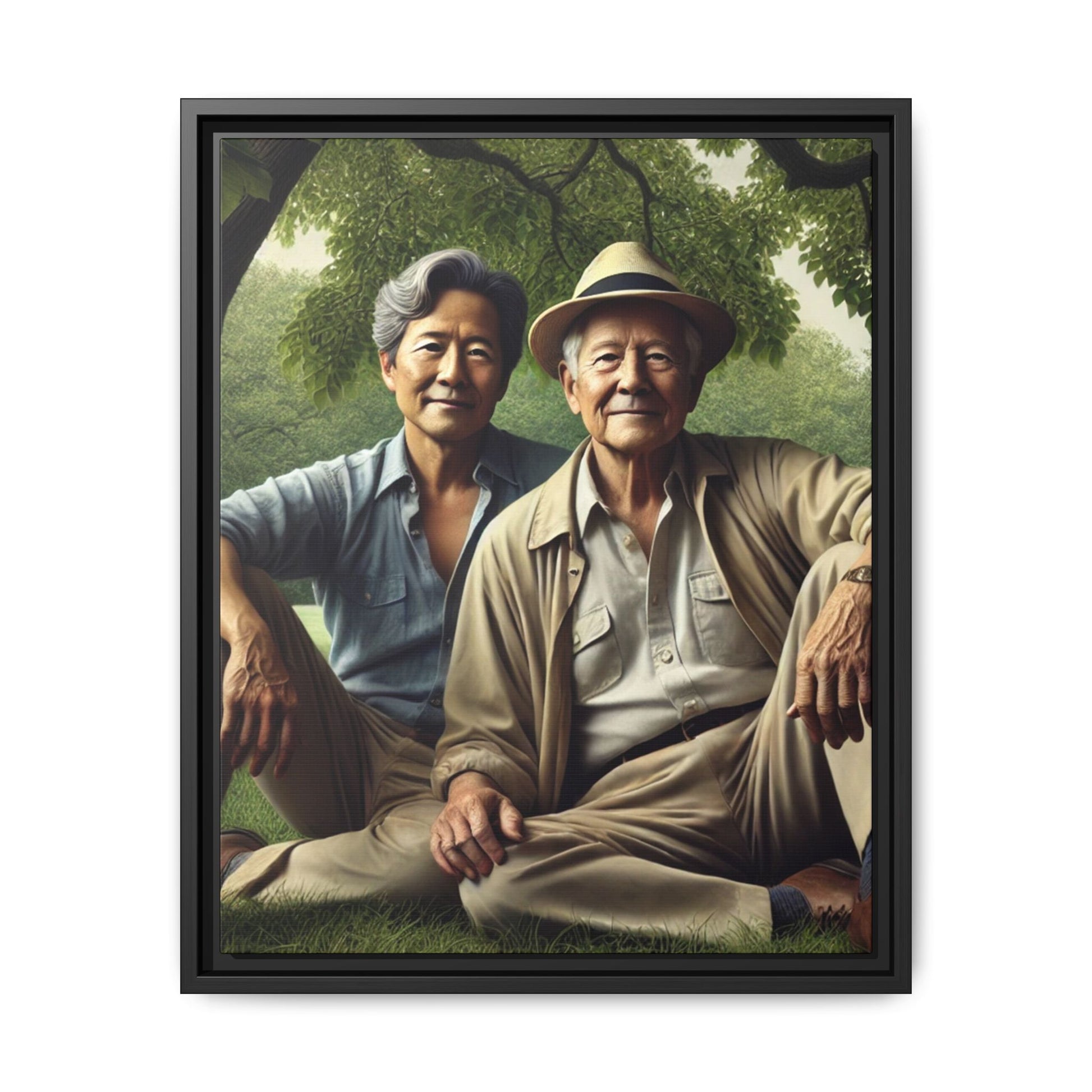 Hyper-realistic painting of an elderly Asian-American gay couple in 1930s attire under a leafy tree, celebrating love and resilience.