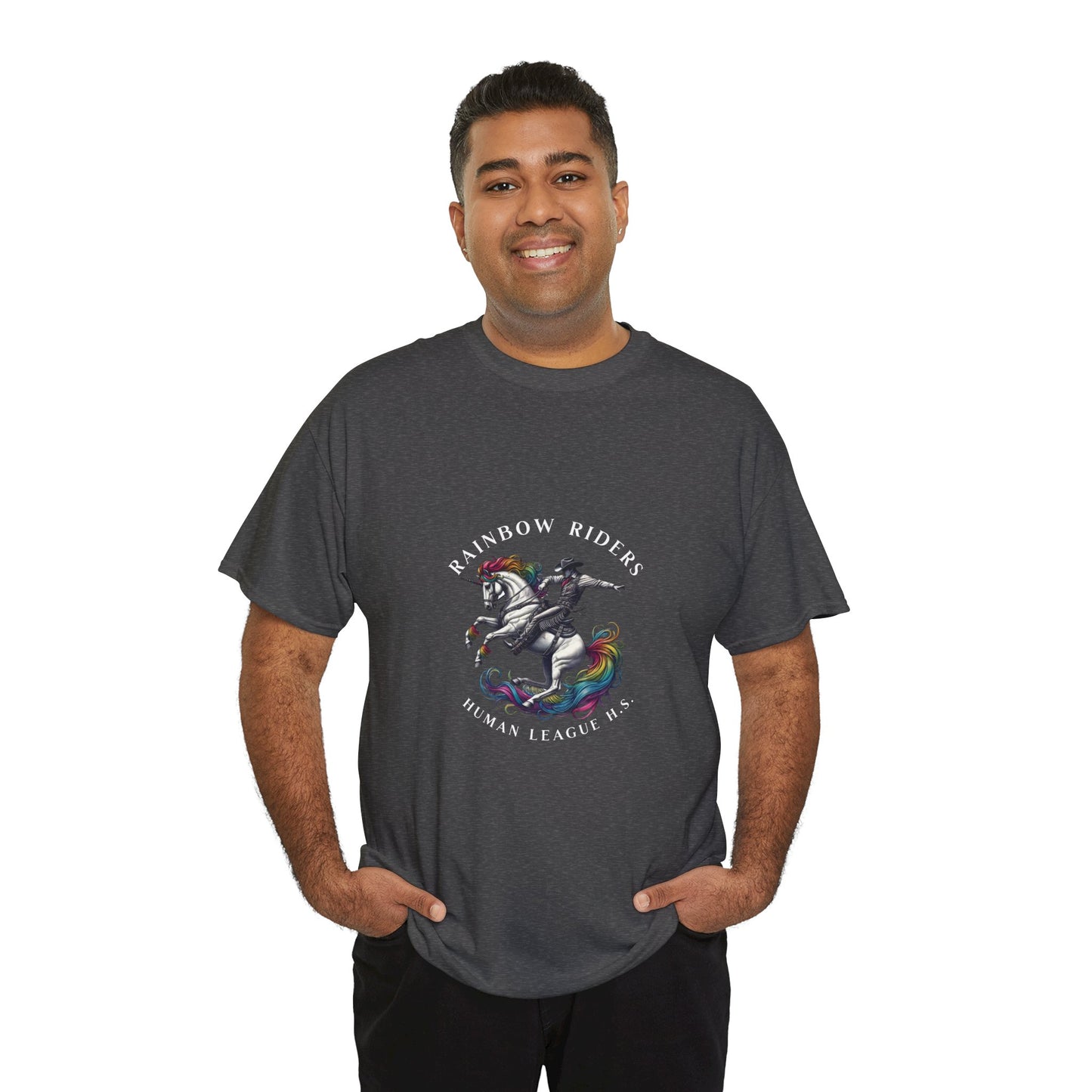 Human League High School Rainbow Riders Pride T-Shirt featuring a vibrant mascot of a unicorn with a rainbow mane and tail, symbolizing diversity, inclusion, and equality LGBTQ Gay