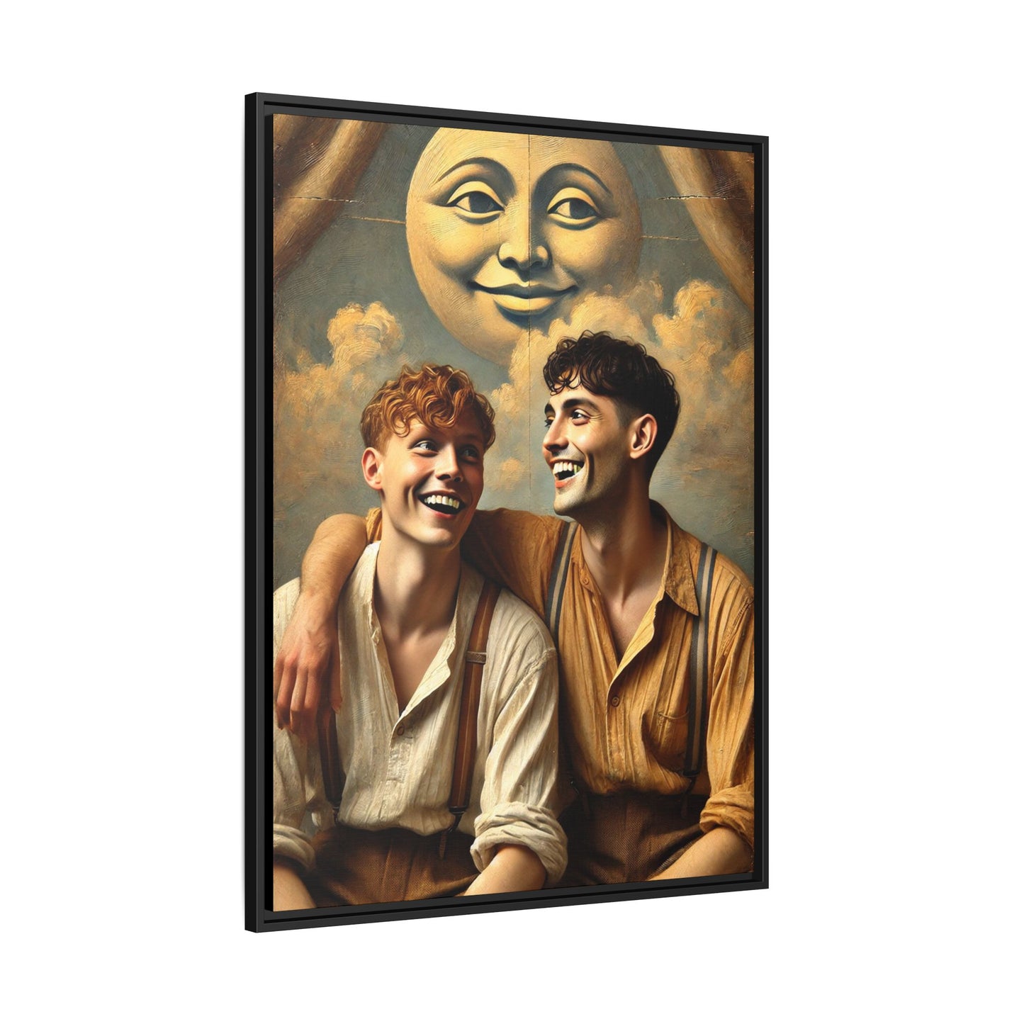 Queer artwork of two joyful young men dressed in vintage clothing with rolled sleeves and suspenders, laughing under a large moon prop in a dreamy studio scene. A celebration of love and resilience reclaimed from forgotten queer histories.