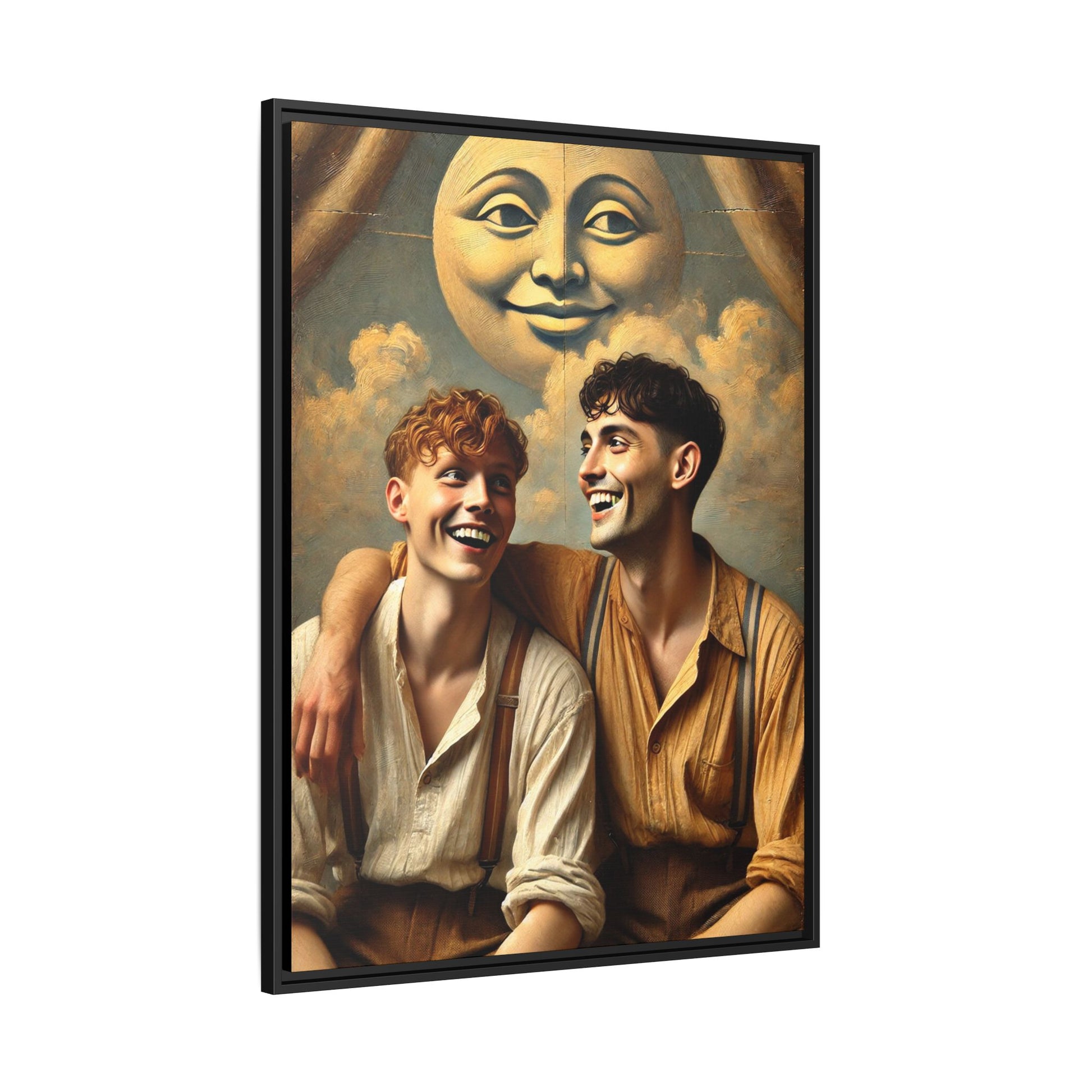 Queer artwork of two joyful young men dressed in vintage clothing with rolled sleeves and suspenders, laughing under a large moon prop in a dreamy studio scene. A celebration of love and resilience reclaimed from forgotten queer histories.