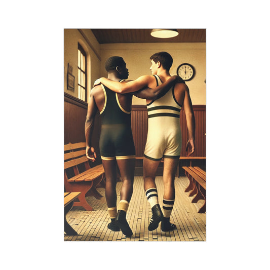 Artwork of an African American and white wrestler in a 1920s locker room, symbolizing unity and athletic history.