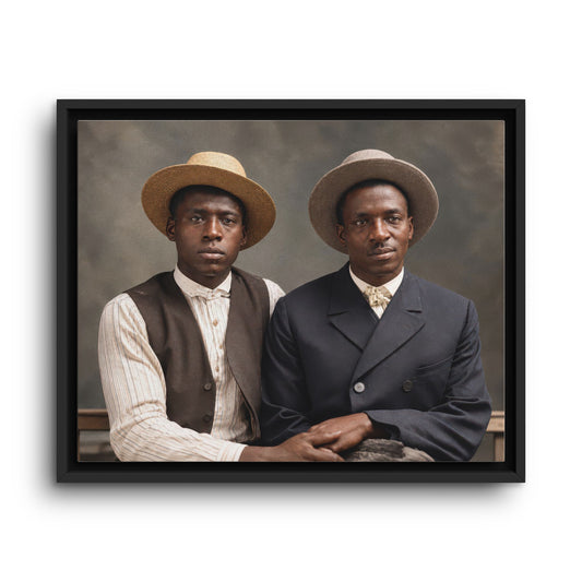 Early twentieth-century double portrait of two Black men seated shoulder to shoulder, with their hands resting together before a neutral studio backdrop.