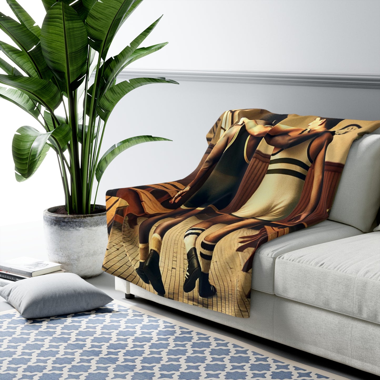 Art-inspired sherpa blanket featuring two wrestlers in a nostalgic locker room scene 