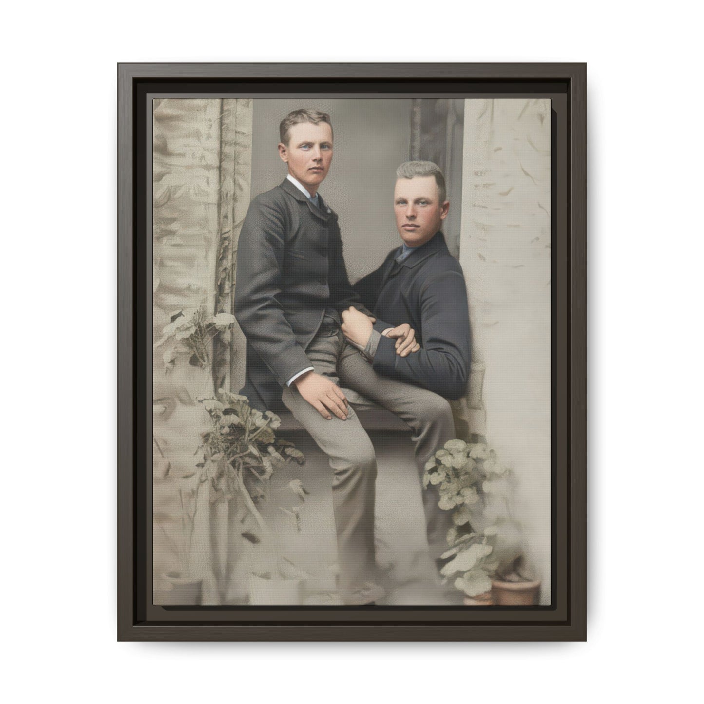 Late 19th century portrait framed canvas wall art with doorway setting and potted plants