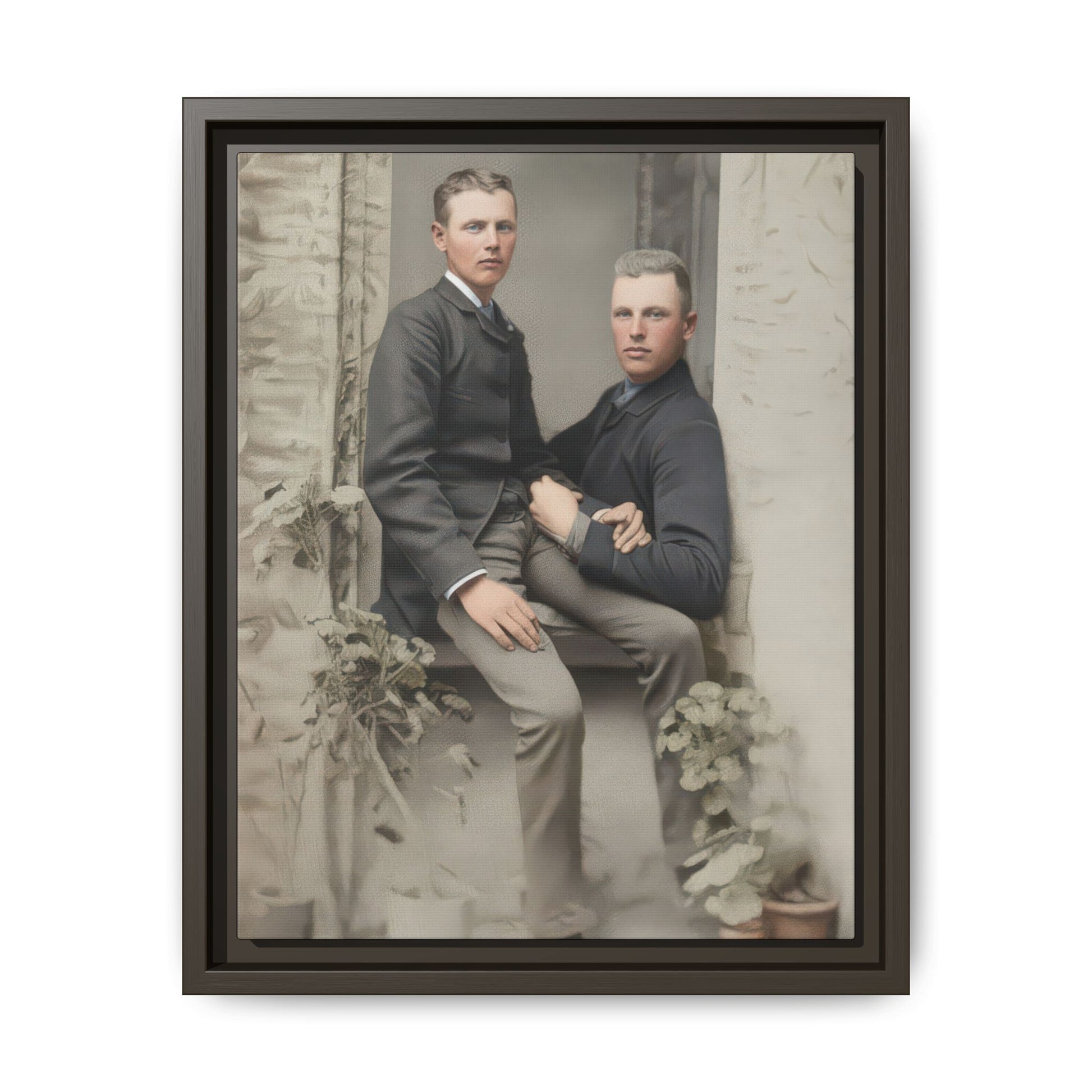 Late 19th century portrait framed canvas wall art with doorway setting and potted plants