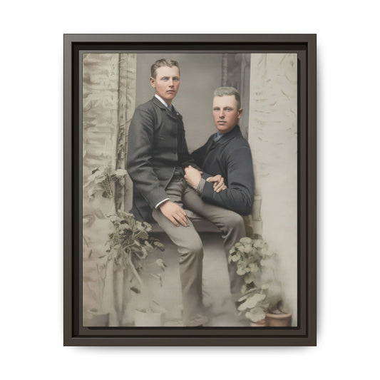 Late 19th century portrait framed canvas wall art with doorway setting and potted plants