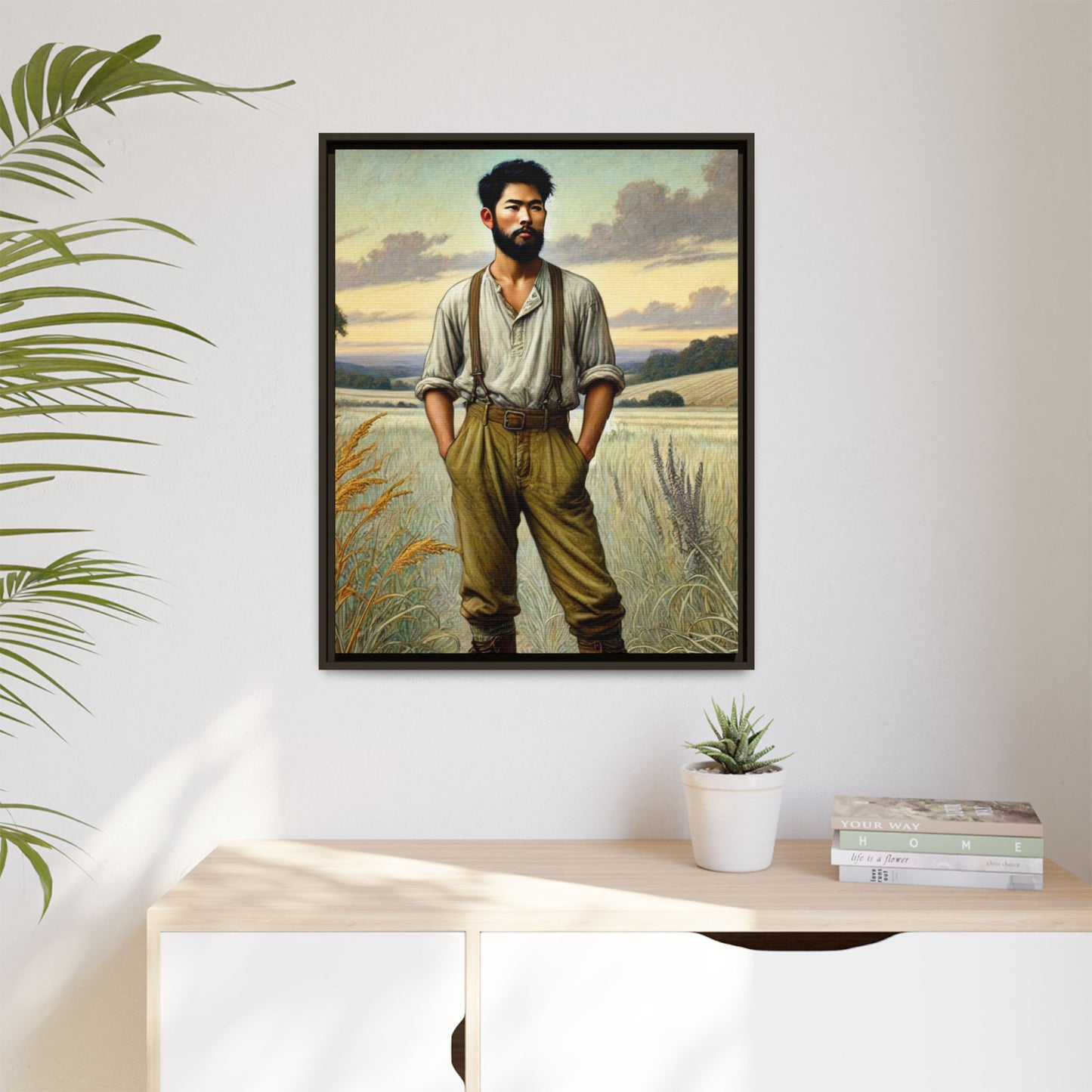 Framed artwork of an Asian-American farmer in 19th-century attire, inspired by Walt Whitman’s Leaves of Grass and Song of Myself, set against a serene rural backdrop of golden wheat fields and rolling hills.