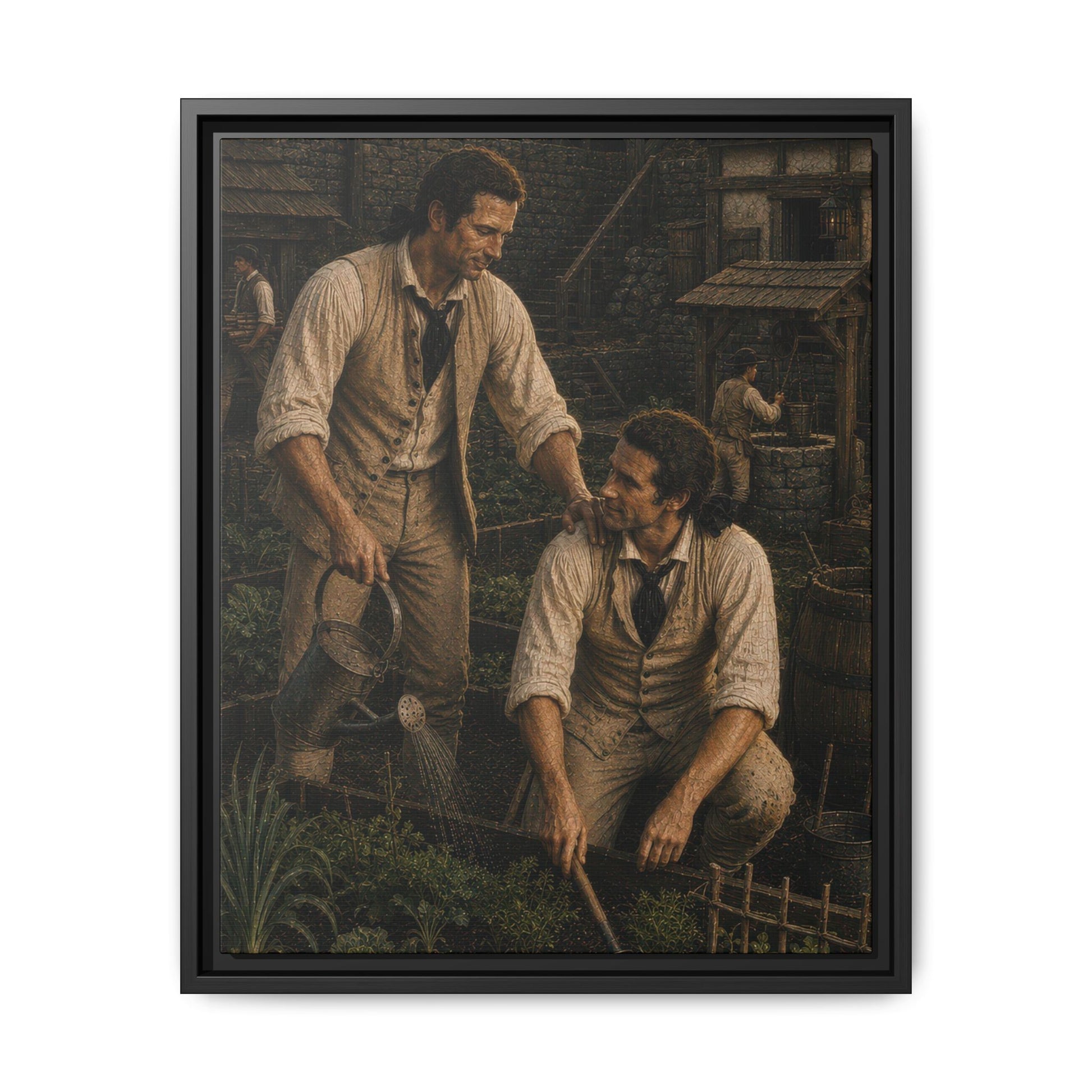 Museum-inspired Revolutionary War portrait of two Continental Army soldiers tending a fortified kitchen garden inside an eighteenth-century military garrison.