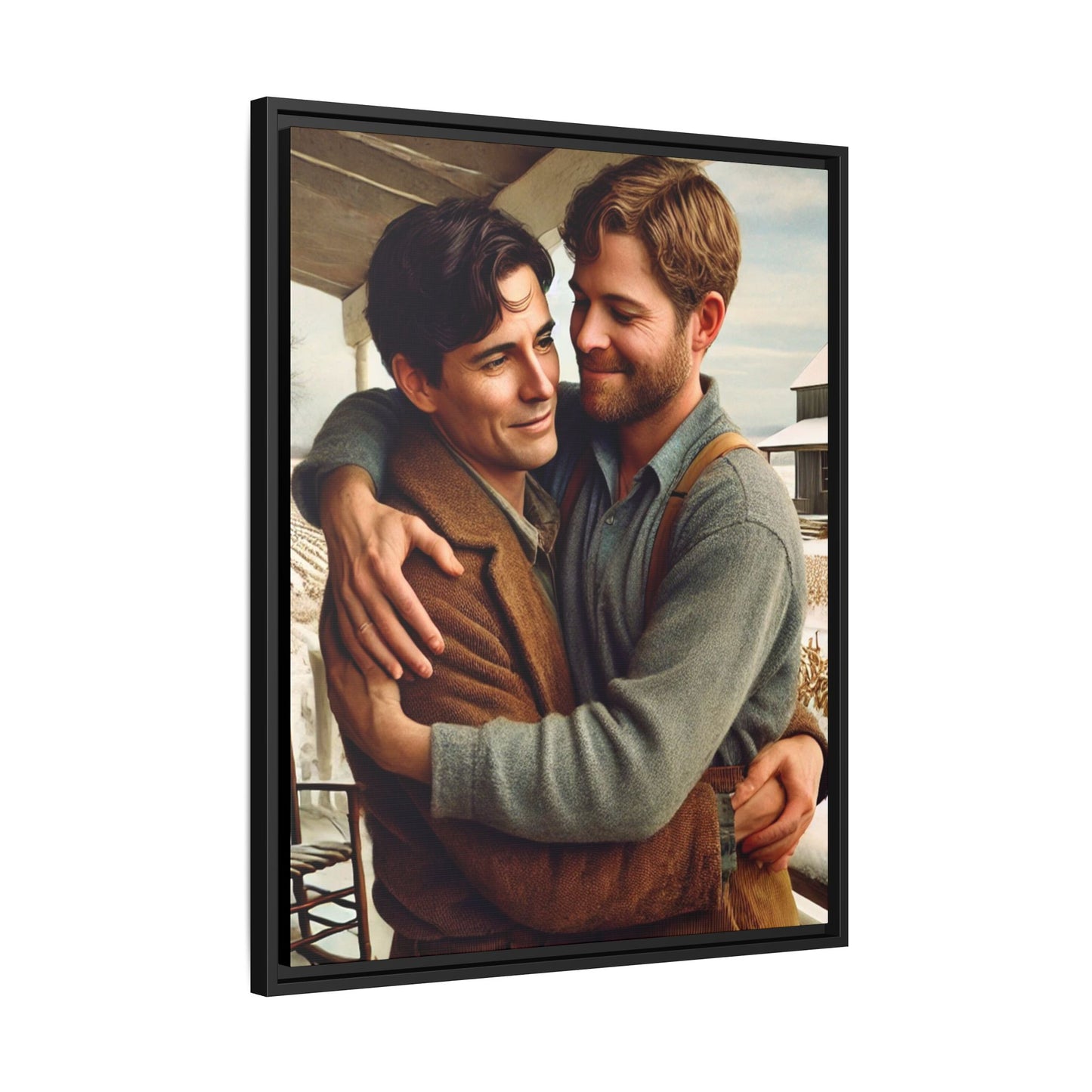 Artwork of a tender moment between two men embracing on a rustic farm porch in 1930s-style clothing. Set against a snowy, vintage rural backdrop, this image captures LGBTQ+ love and connection with a nostalgic Americana feel