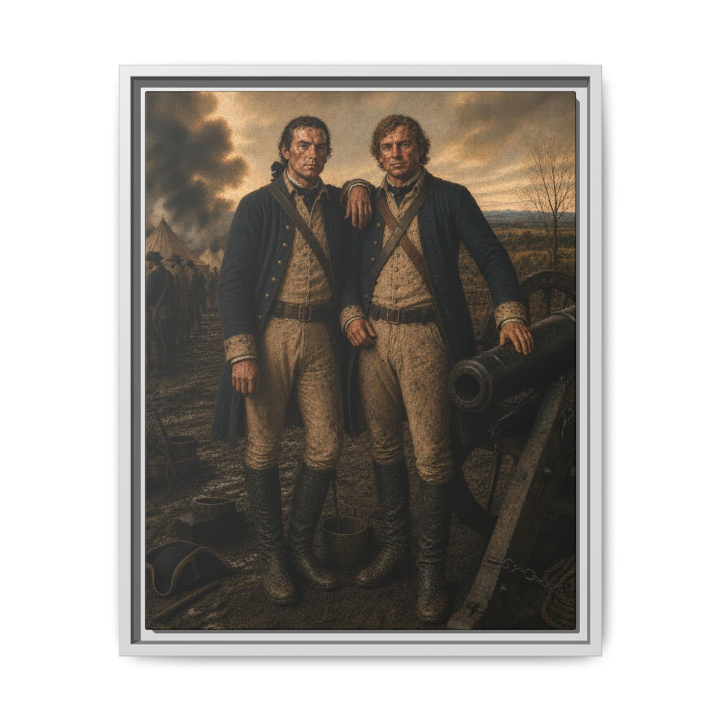 Framed matte canvas showing two Continental Army soldiers standing beside artillery equipment at sunset.