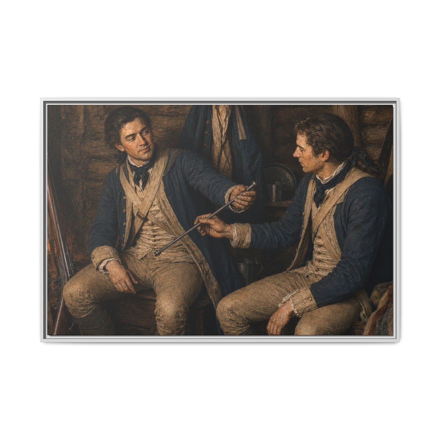 Museum-style Revolutionary War artwork depicting two Continental Army soldiers inspecting a ramrod beside a flintlock musket inside a log barracks.