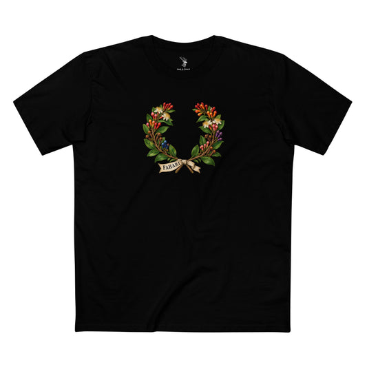 Tanzanian clove laurel wreath with pale blossoms, pink and rainbow-colored buds, brown cloves, green leaves, and an ivory ribbon reading FAHARI.