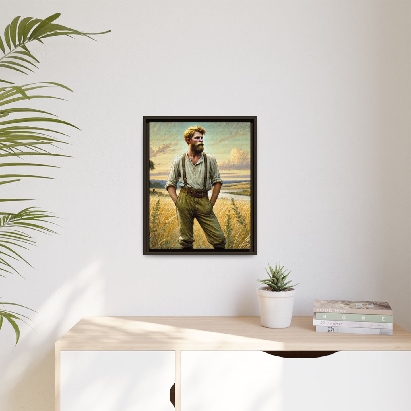 Framed artwork of a confident farmer in 19th-century attire, standing in a golden wheat field, inspired by Walt Whitman’s Song of Myself in Leaves of Grass.