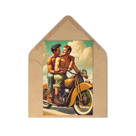 Postcard set featuring two men on a vintage motorcycle, inspired by Grant Wood's art, celebrating love and connection.