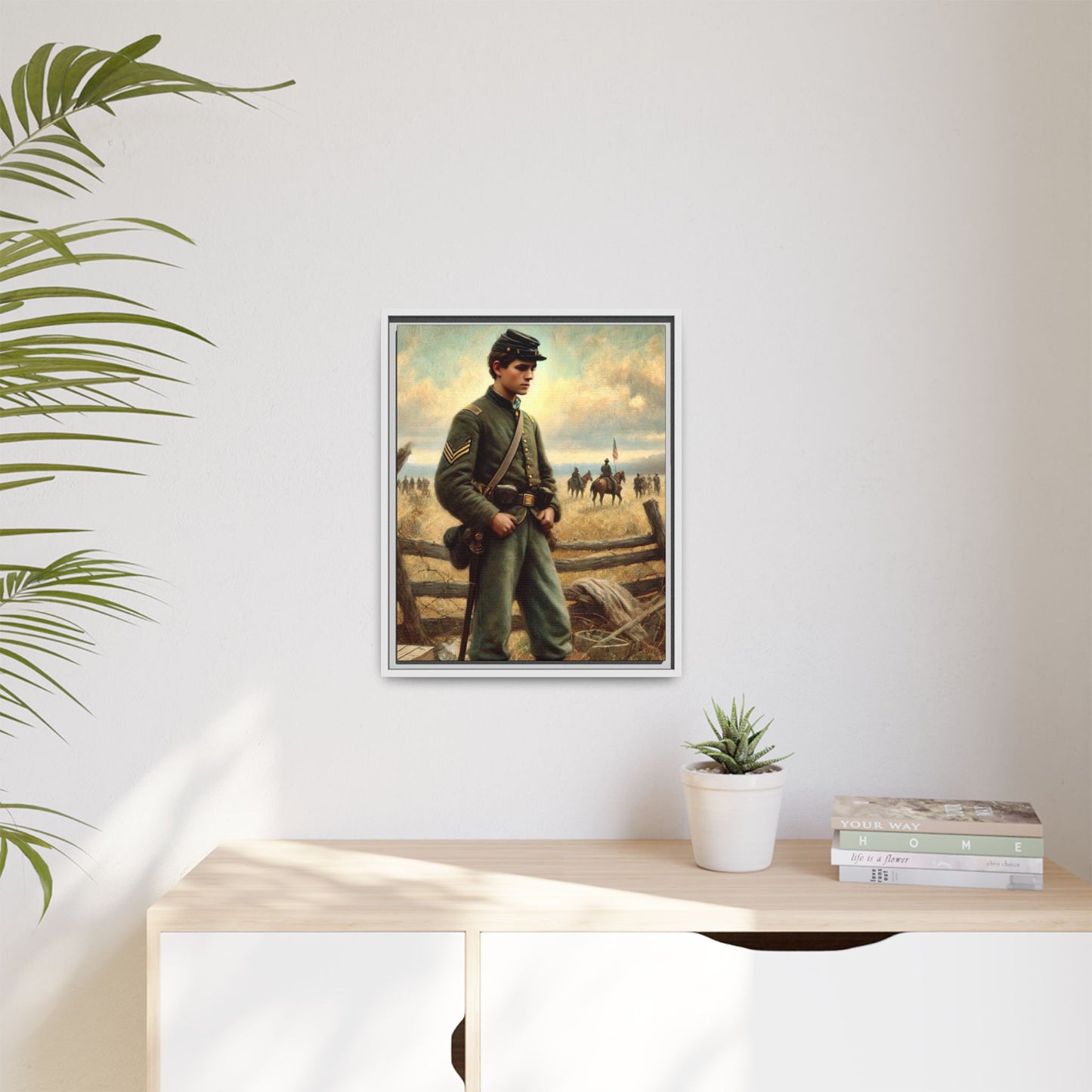 Framed artwork of a young Civil War Union soldier inspired by Walt Whitman’s Drum-Taps poems and Grant Wood's style, depicting battlefield sacrifice, humanity, and historical charm.