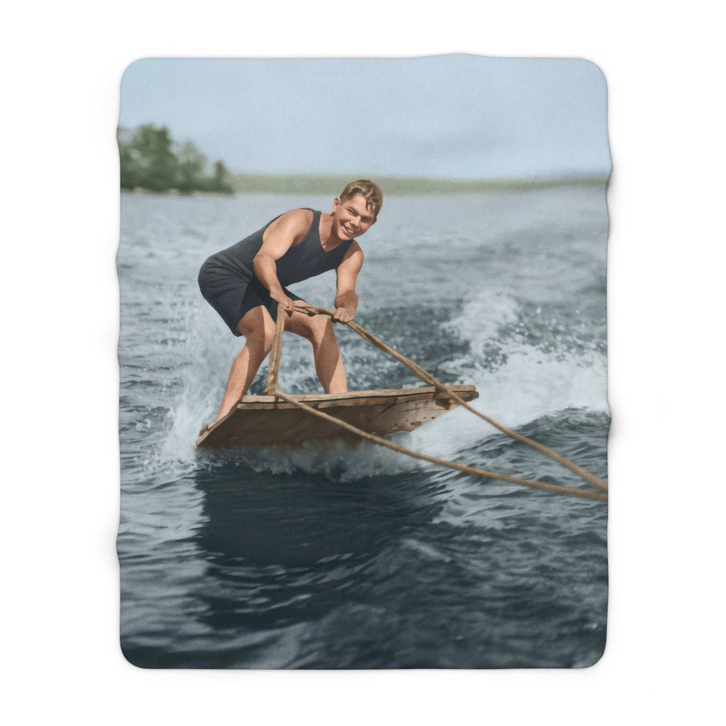 Vintage watersport sherpa throw with restored historical lake recreation imagery 