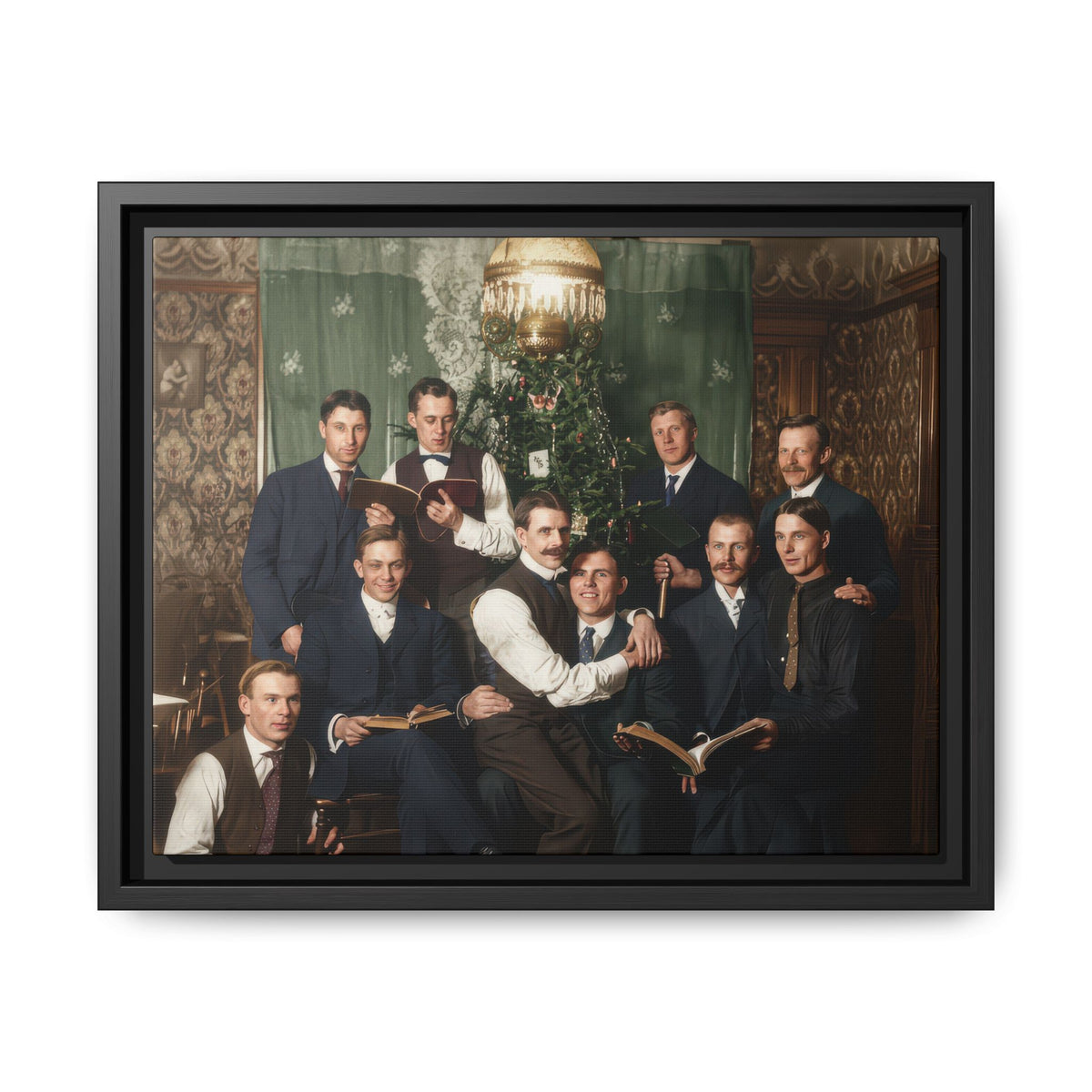 Restored colorized portrait of nine men with books beside a decorated Christmas tree, reproduced as framed matte canvas.