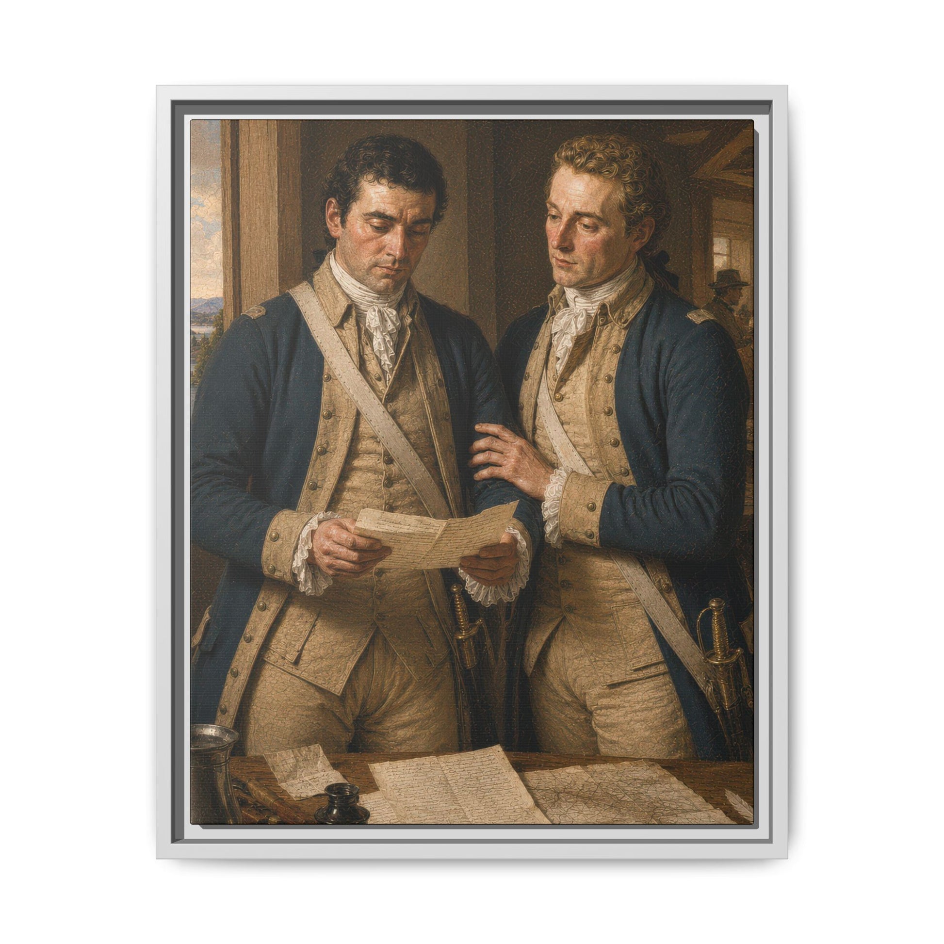 Historical framed canvas showing Continental Army officers examining military papers during the American Revolution