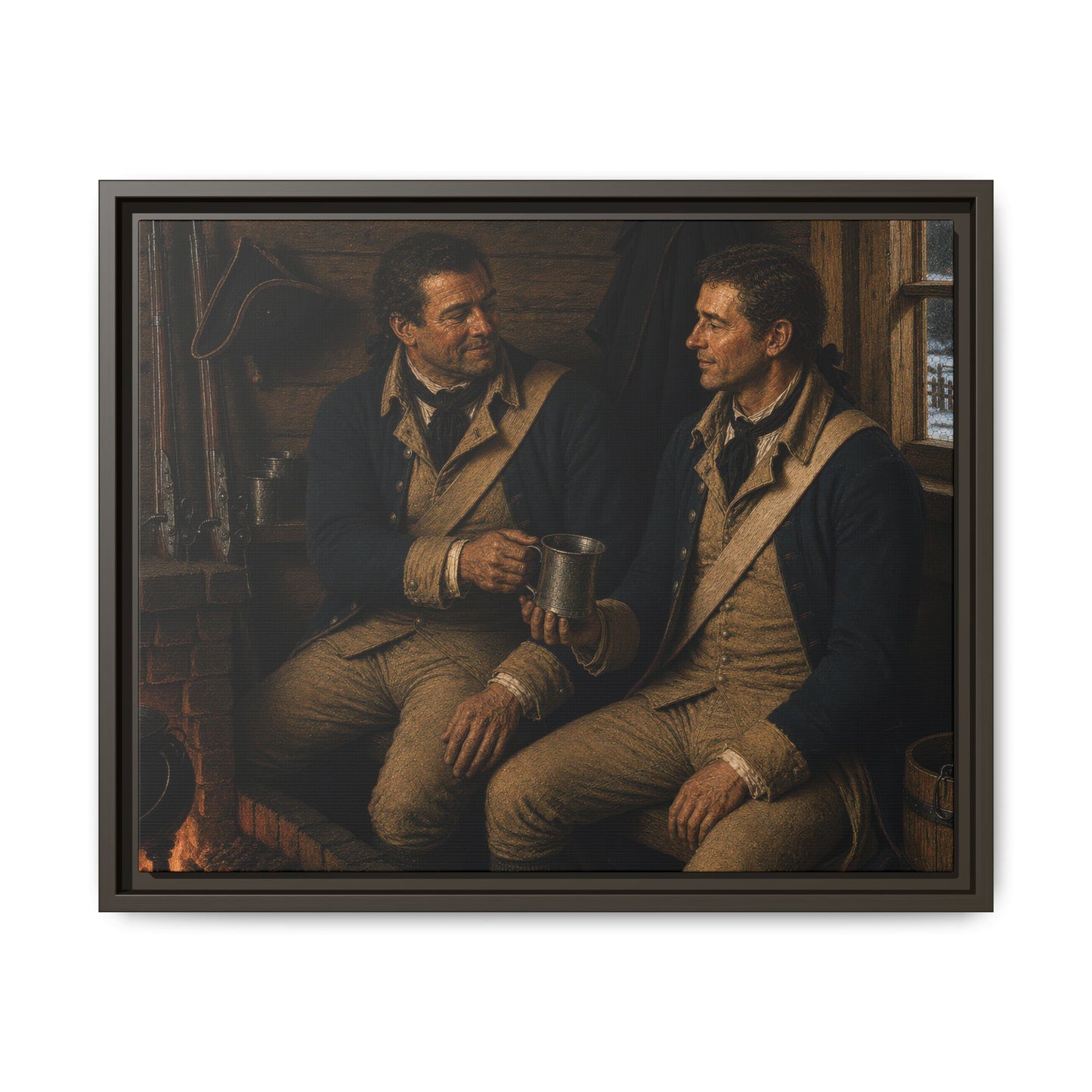 Two Continental Army soldiers sharing a pewter mug inside a Revolutionary War guardhouse during winter quarters, museum-inspired historical oil portrait.