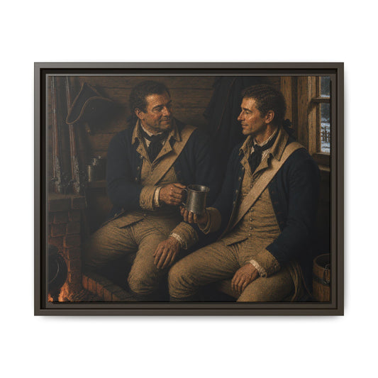 Two Continental Army soldiers sharing a pewter mug inside a Revolutionary War guardhouse during winter quarters, museum-inspired historical oil portrait.