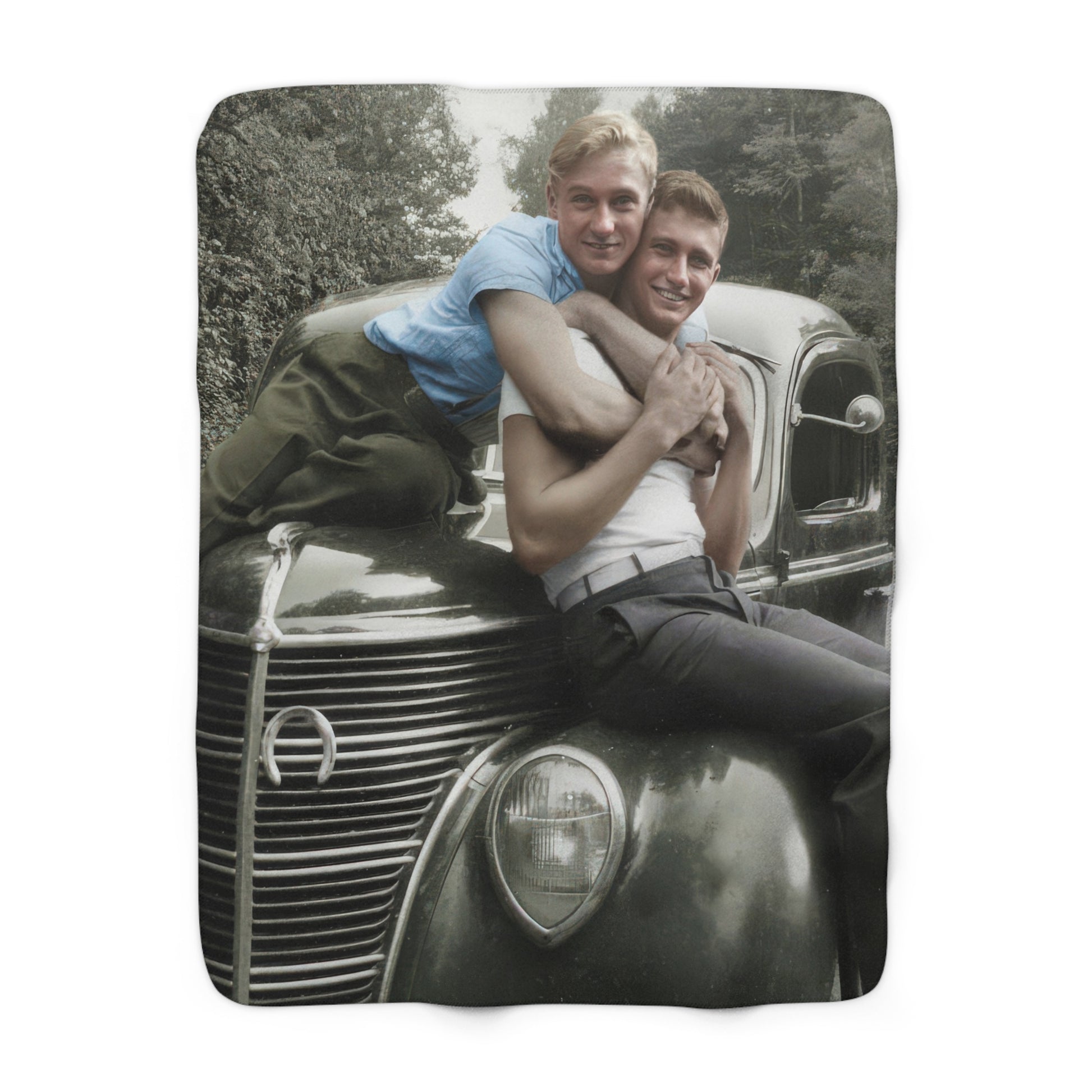 Heirloom sherpa blanket featuring two young men posed together on a vintage automobile 