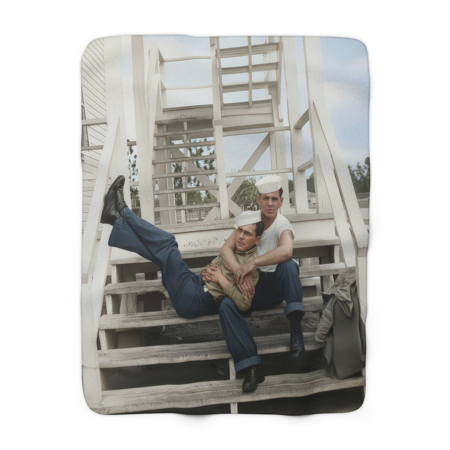 Heirloom sherpa blanket featuring two sailors posed together on wooden stairs 