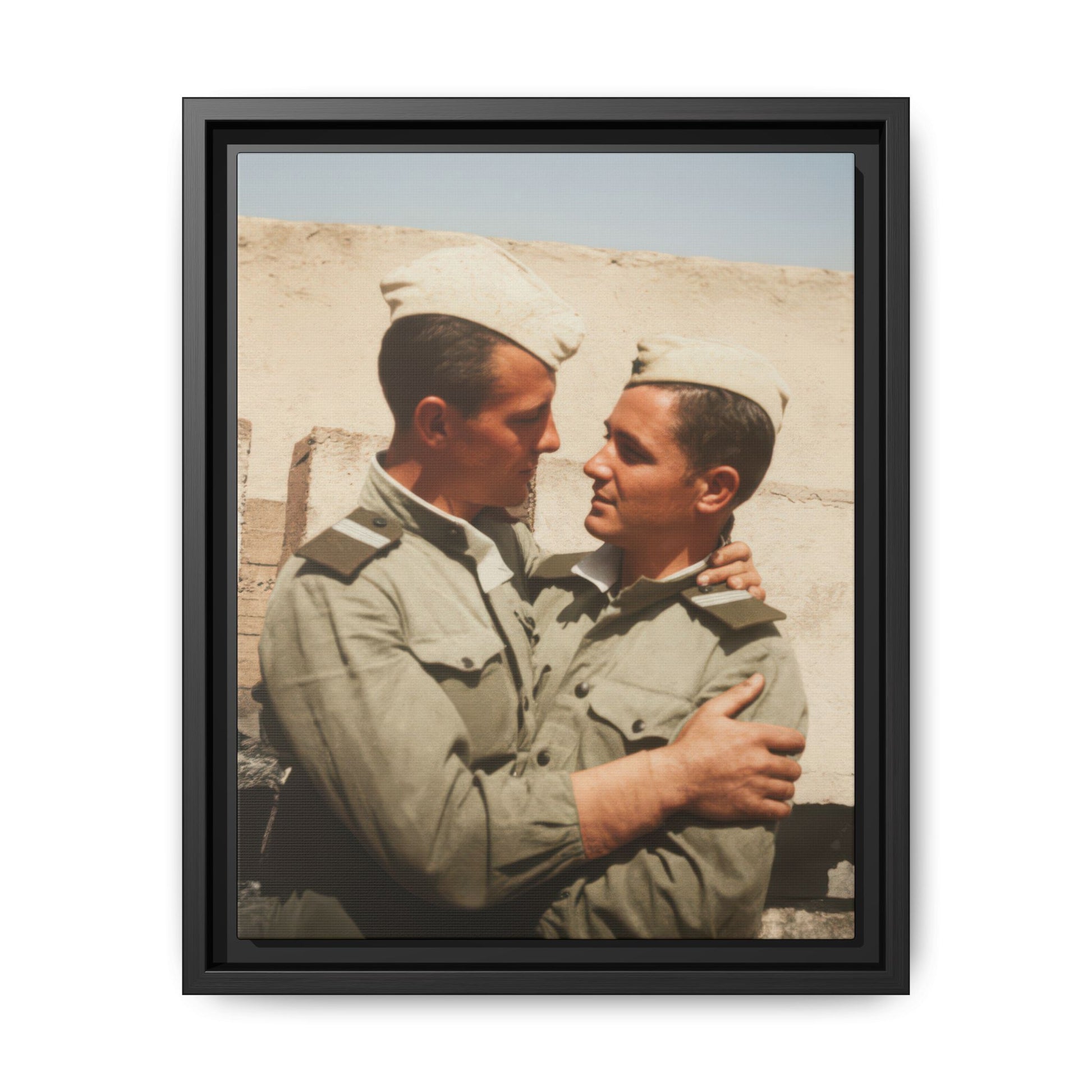 Vintage outdoor portrait of two companions in matching uniforms posed closely together